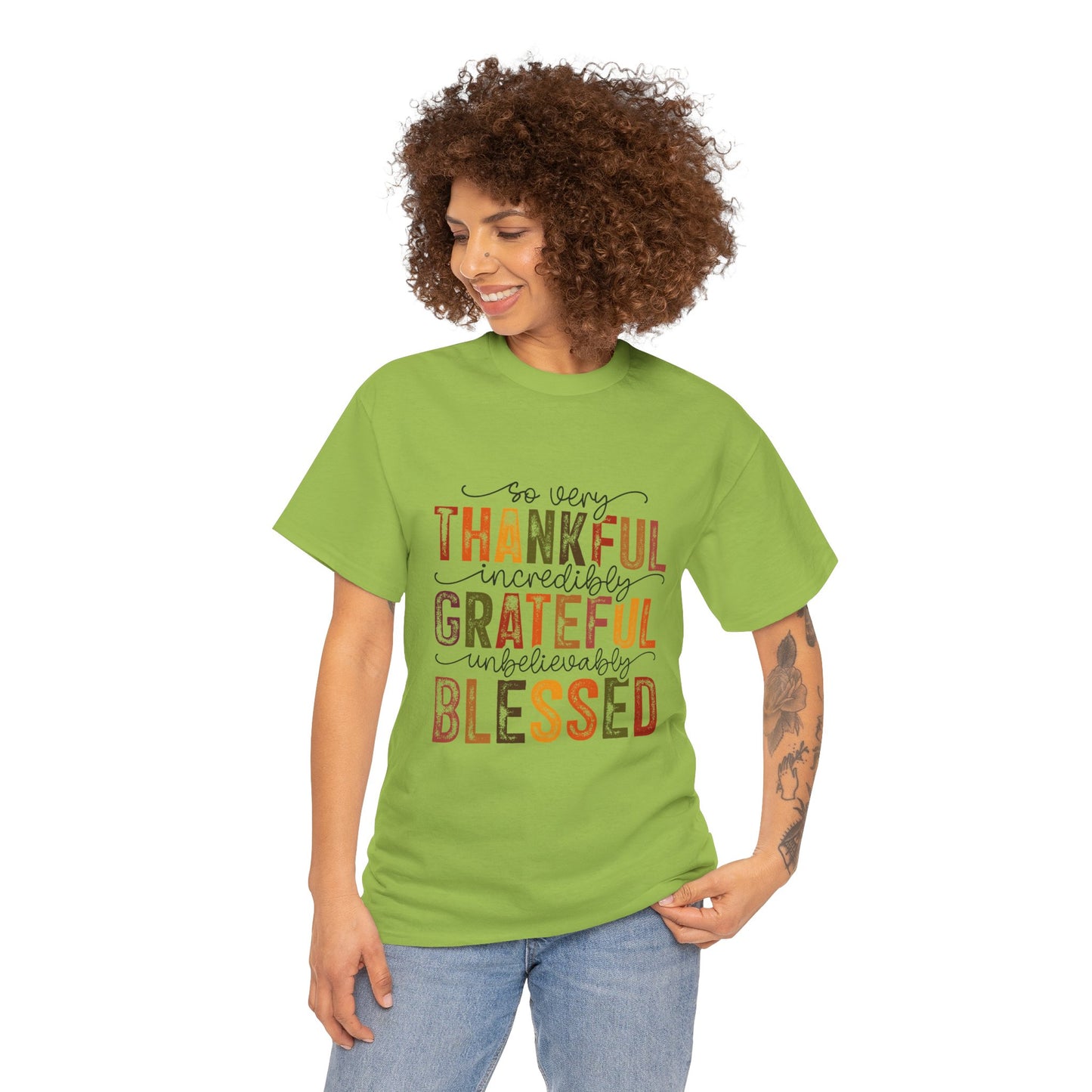 Thankful Grateful Blessed Unisex Heavy Cotton Tee - Thanksgiving Distressed Graphic T-Shirt