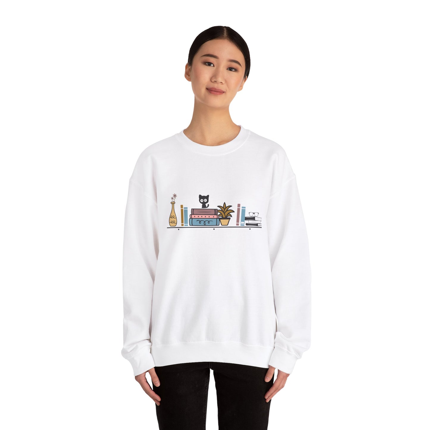 Unisex Heavy Blend™ Crewneck Sweatshirt - cute cat with books on bookshelf - sizes S - 3X