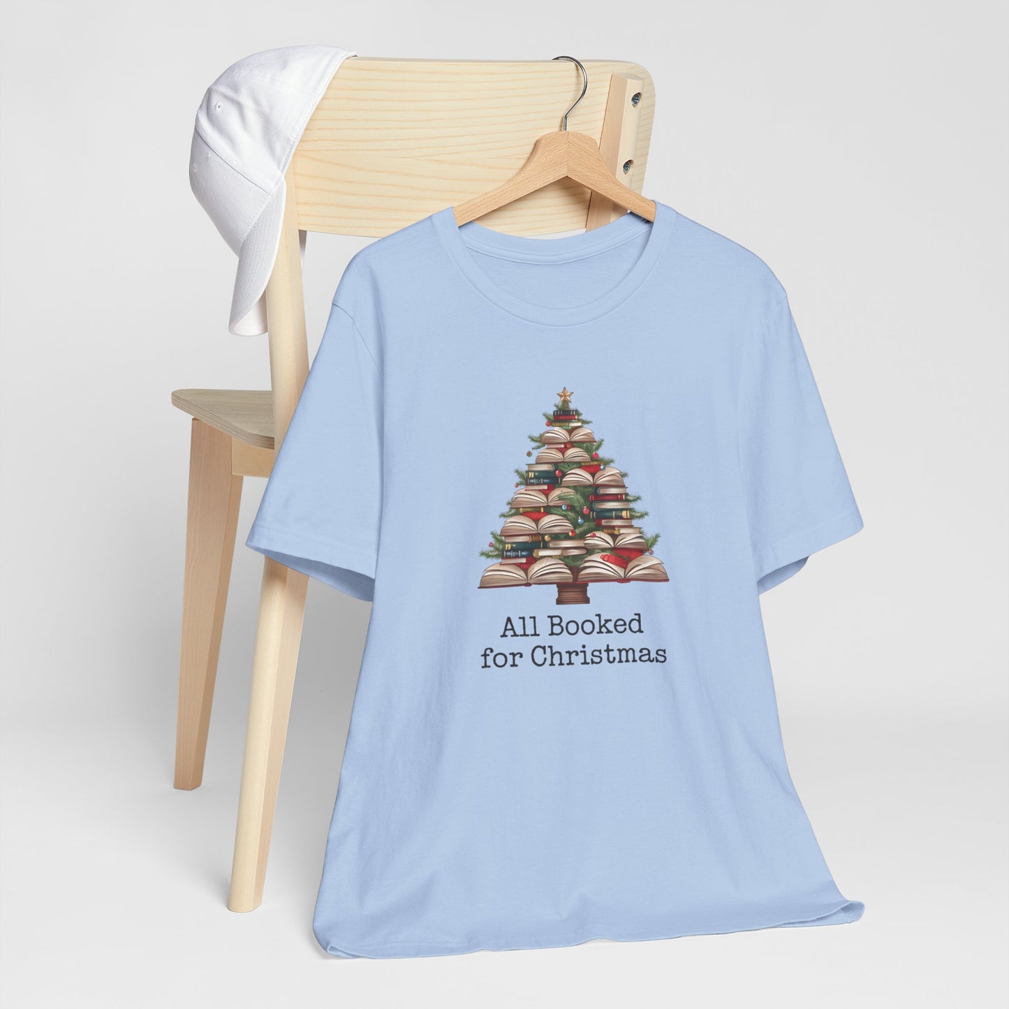 All Booked for Christmas, Book Christmas tree, Unisex Jersey Short Sleeve T-shirt - sizes S = 3X