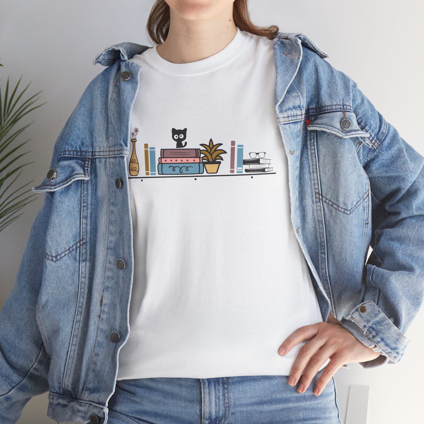 Unisex Heavy Cotton Tee - Cute cat and books on a shelf - sizes S - 5X