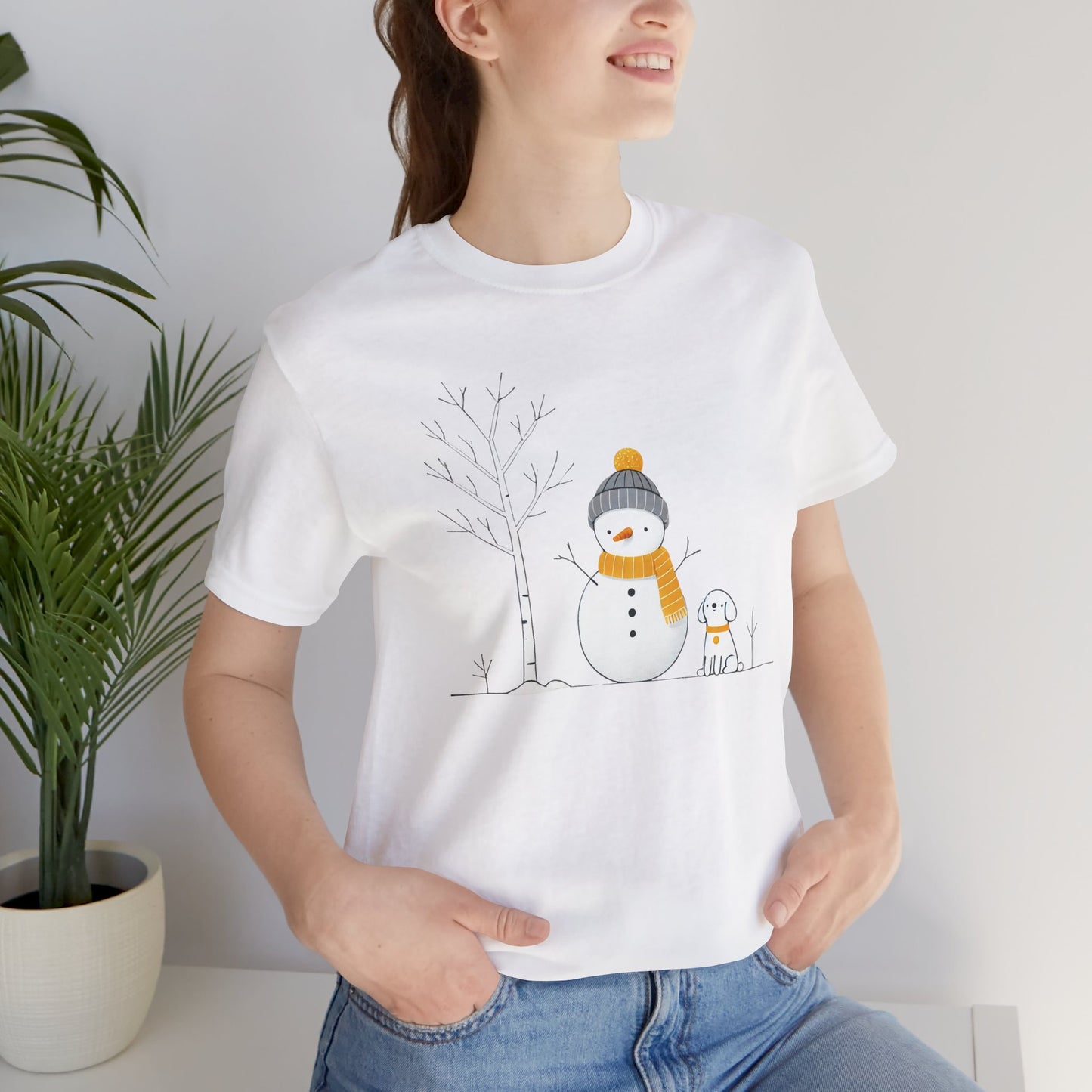 Snowman and dog winter scene Unisex Jersey Short Sleeve Tee - sizes S - 3X