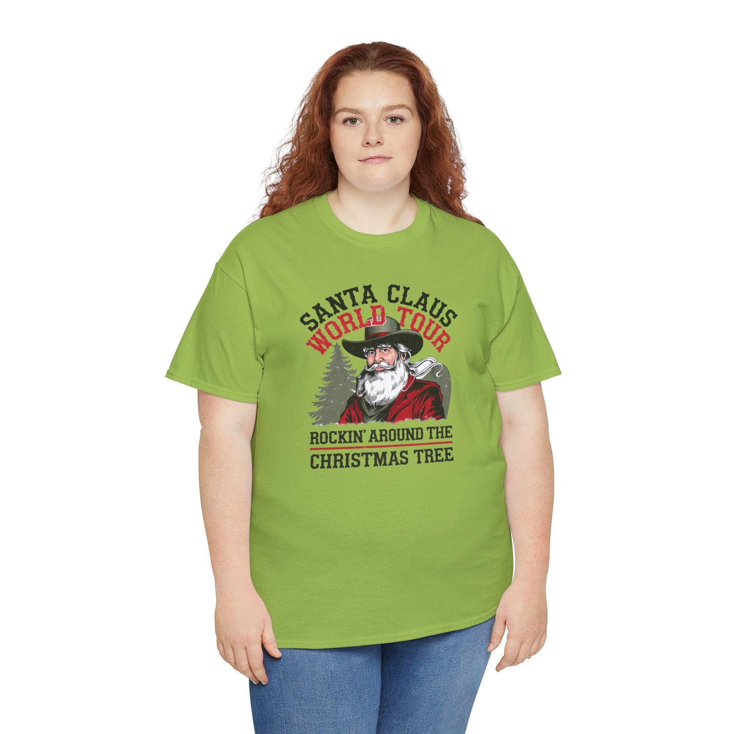 Cowboy Santa World Tour Unisex Heavy Cotton T-shirt - Christmas Funny Country Graphic Holiday Tee - sizes S - 5X