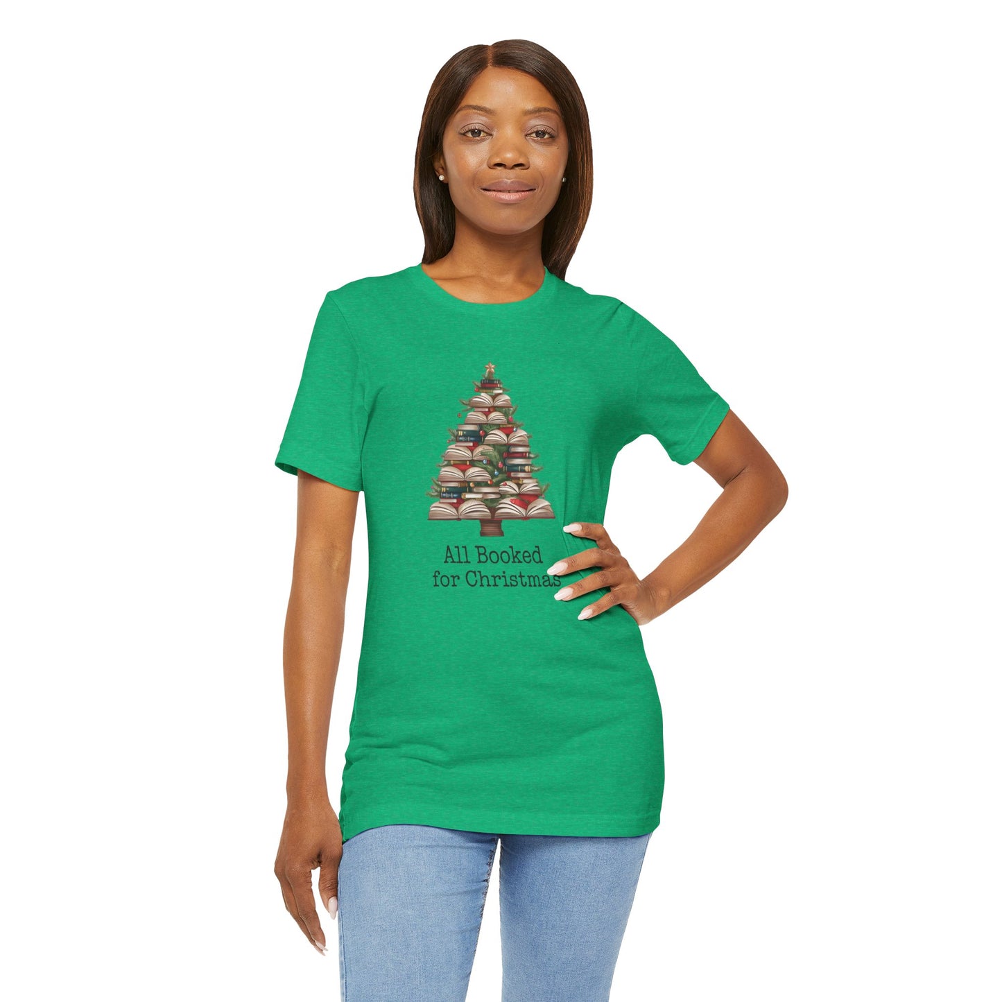 All Booked for Christmas, Book Christmas tree, Unisex Jersey Short Sleeve T-shirt - sizes S = 3X