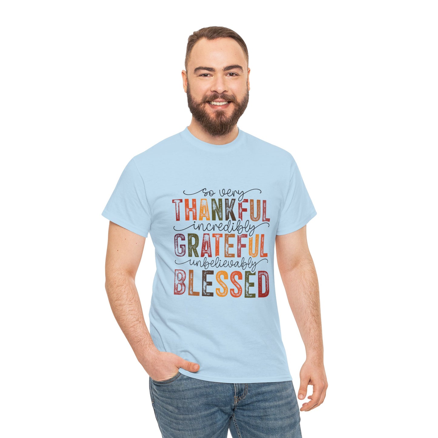 Thankful Grateful Blessed Unisex Heavy Cotton Tee - Thanksgiving Distressed Graphic T-Shirt