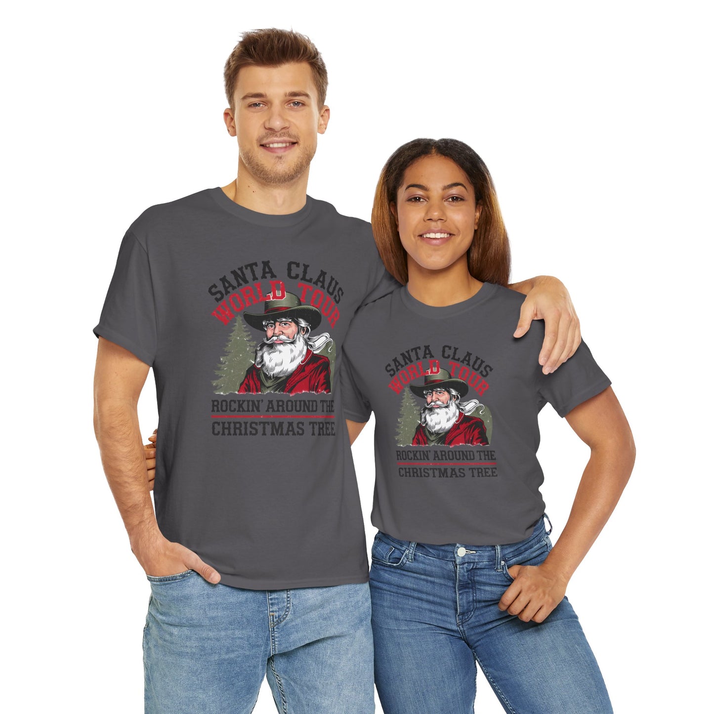 Cowboy Santa World Tour Unisex Heavy Cotton T-shirt - Christmas Funny Country Graphic Holiday Tee - sizes S - 5X