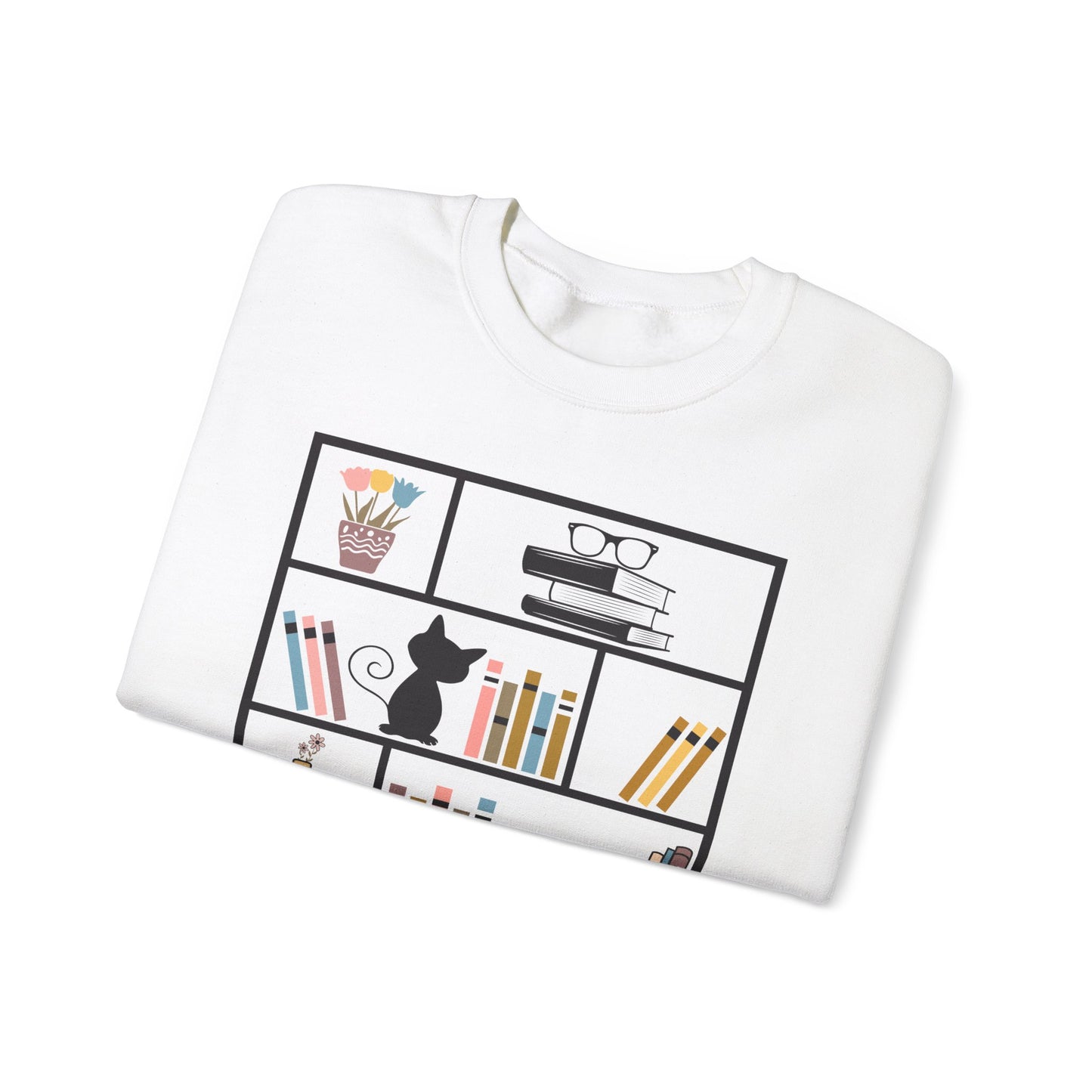 Unisex Heavy Blend™ Crewneck Sweatshirt - Cute bookshelf with cat - Sizes S - 5X