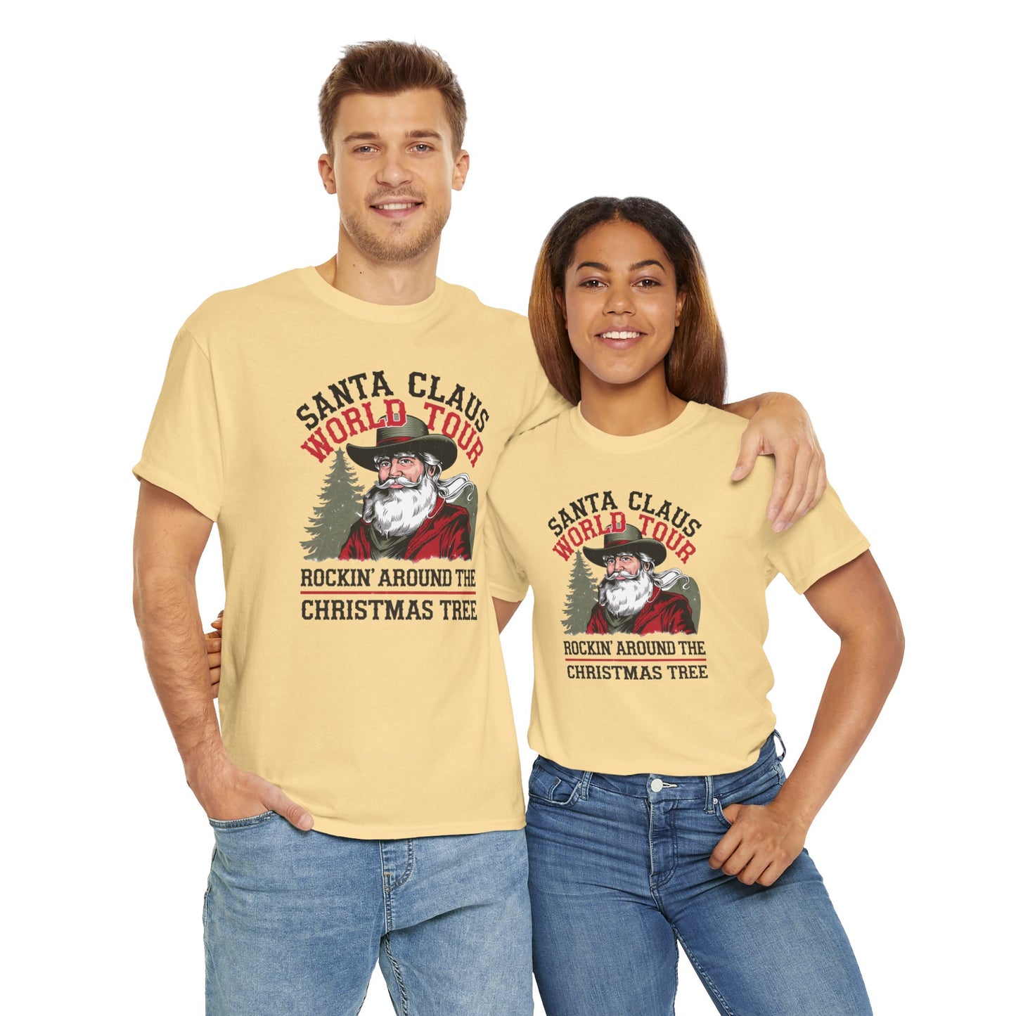 Cowboy Santa World Tour Unisex Heavy Cotton T-shirt - Christmas Funny Country Graphic Holiday Tee - sizes S - 5X