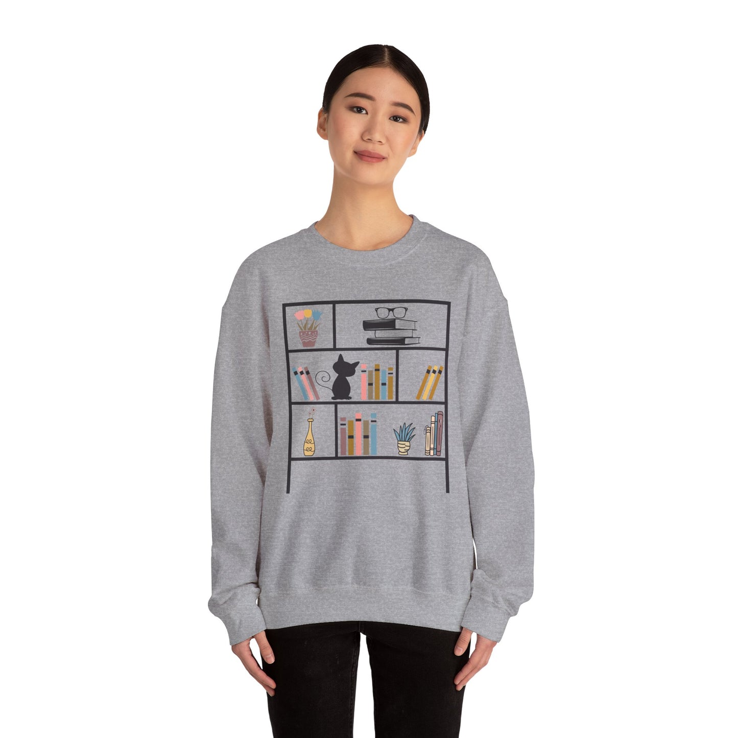 Unisex Heavy Blend™ Crewneck Sweatshirt - Cute bookshelf with cat - Sizes S - 5X