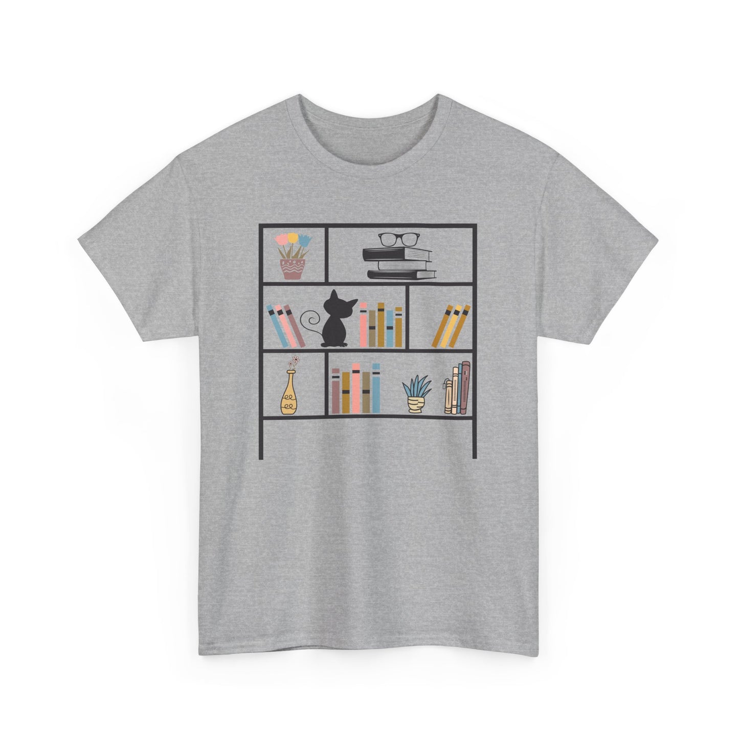 Unisex Heavy Cotton Tee - Bookshelf for books and cat