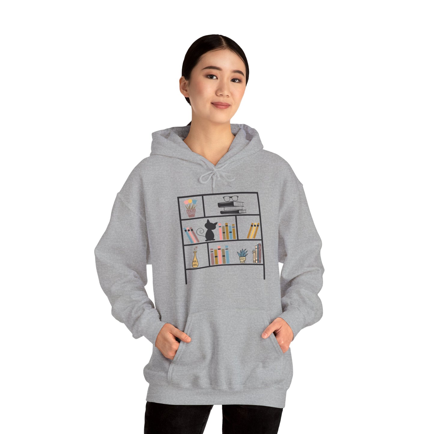 Unisex Heavy Blend™ Hooded Sweatshirt - cute bookshelf with cat - size S - 5X