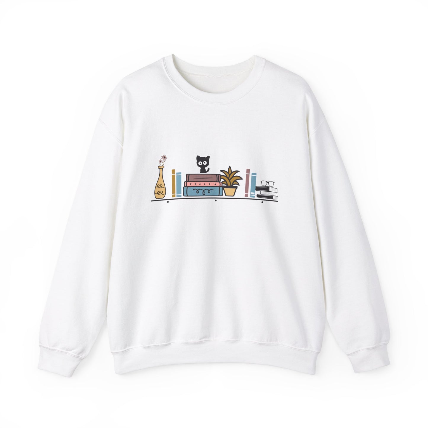 Unisex Heavy Blend™ Crewneck Sweatshirt - cute cat with books on bookshelf - sizes S - 3X