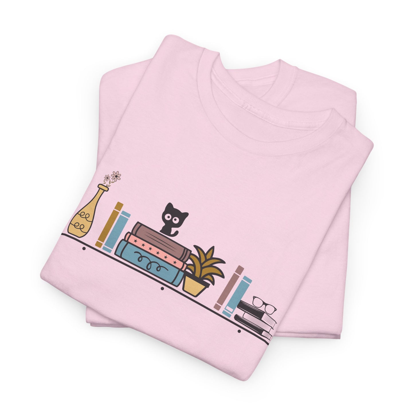 Unisex Heavy Cotton Tee - Cute cat and books on a shelf - sizes S - 5X