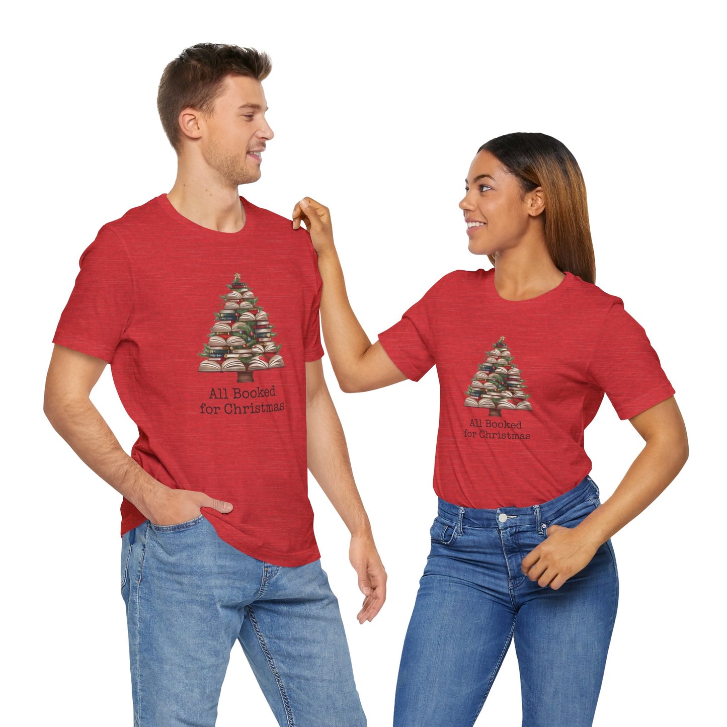 All Booked for Christmas, Book Christmas tree, Unisex Jersey Short Sleeve T-shirt - sizes S = 3X