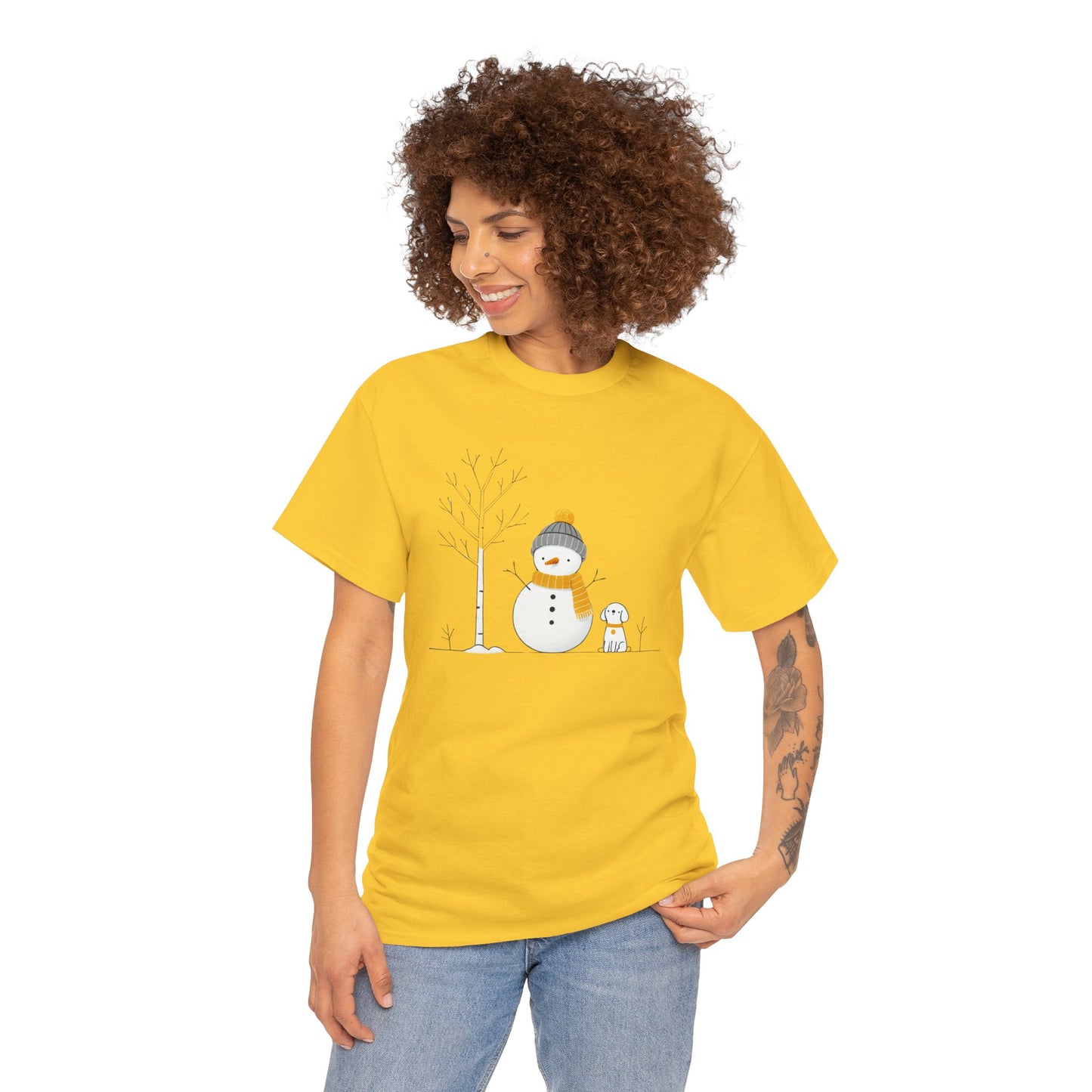 Snowman and dog Winter scene Unisex Heavy Cotton Tee - S - 3X