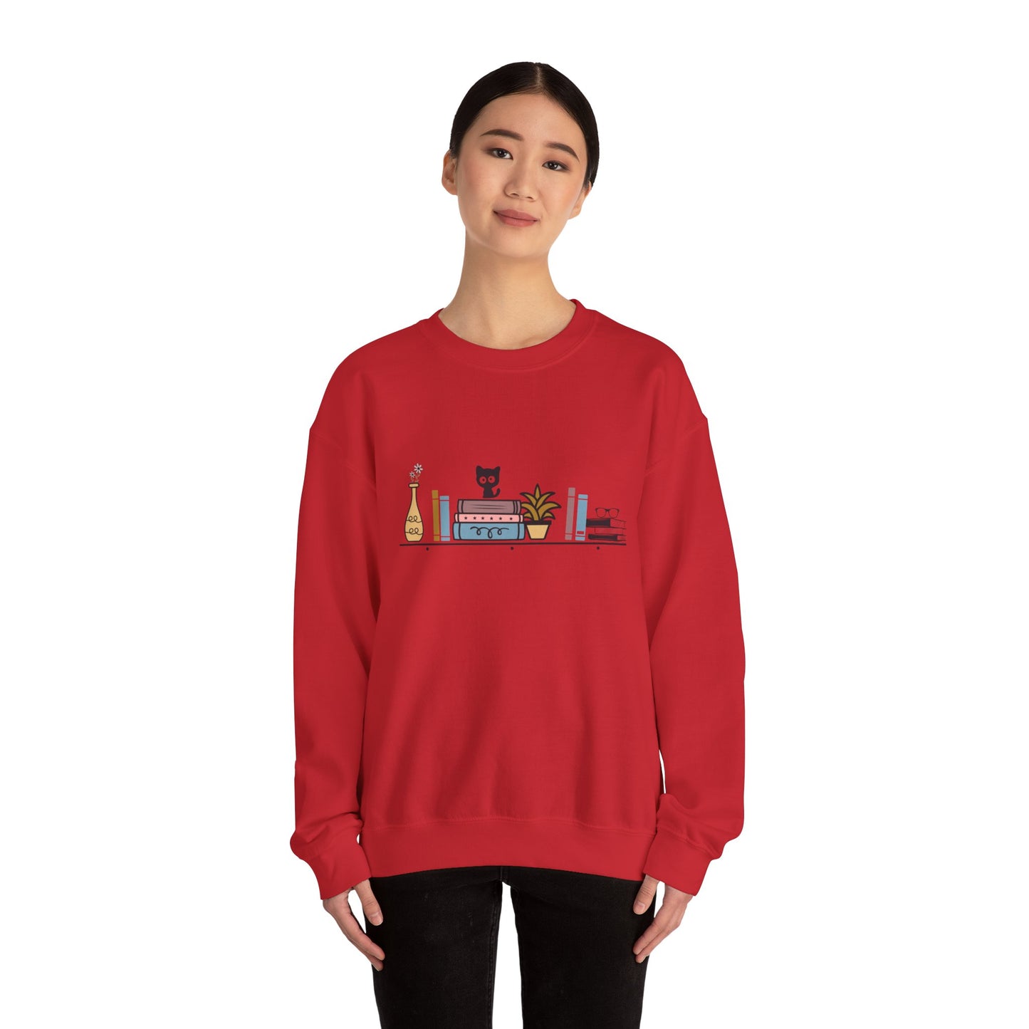 Unisex Heavy Blend™ Crewneck Sweatshirt - cute cat with books on bookshelf - sizes S - 3X