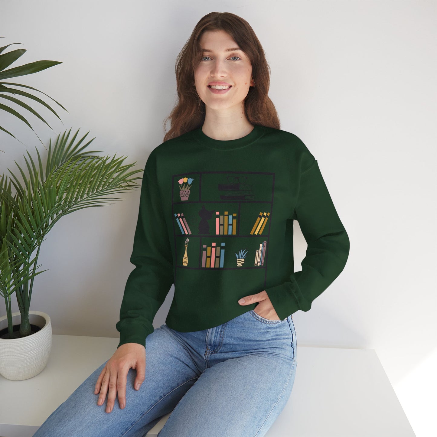 Unisex Heavy Blend™ Crewneck Sweatshirt - Cute bookshelf with cat - Sizes S - 5X