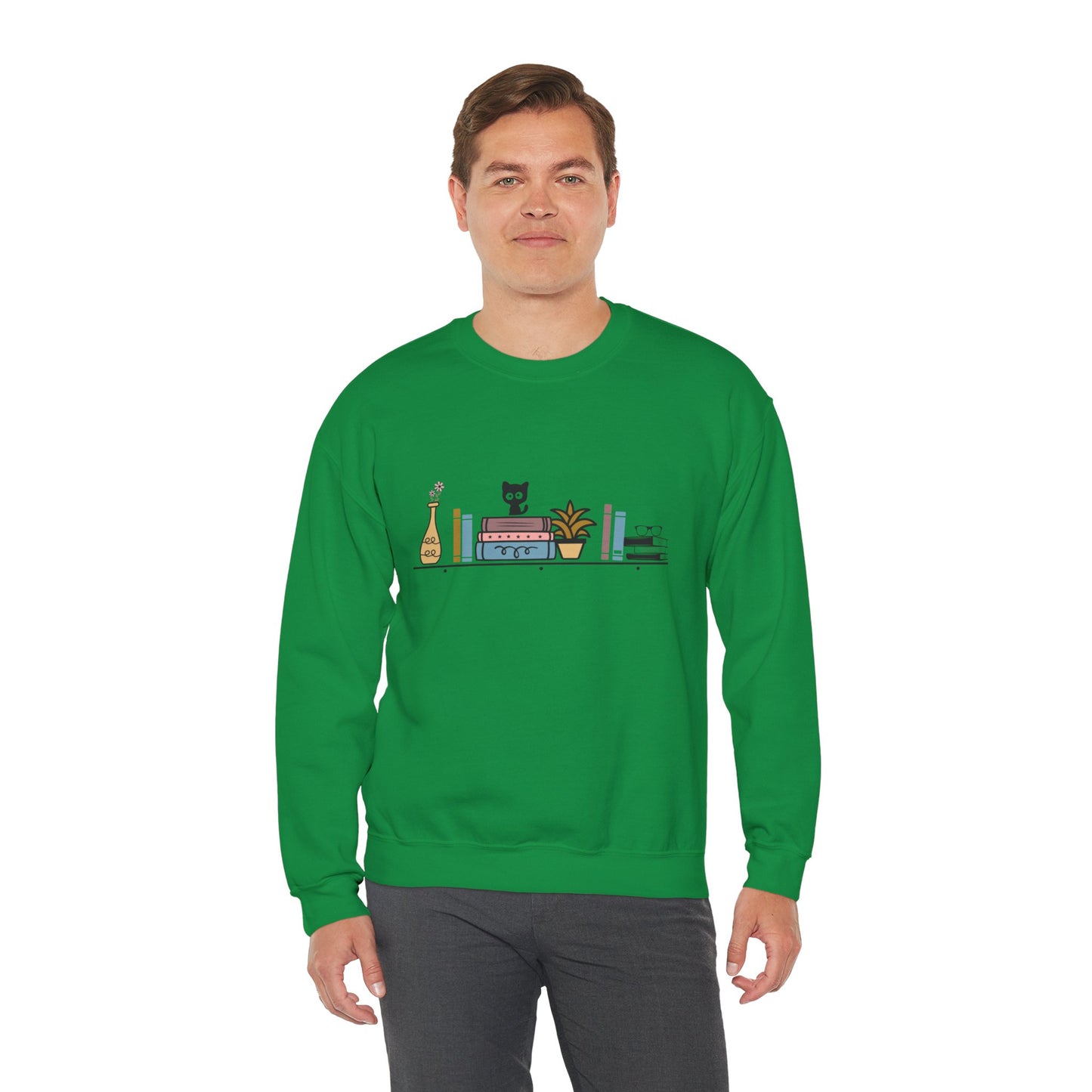 Unisex Heavy Blend™ Crewneck Sweatshirt - cute cat with books on bookshelf - sizes S - 3X