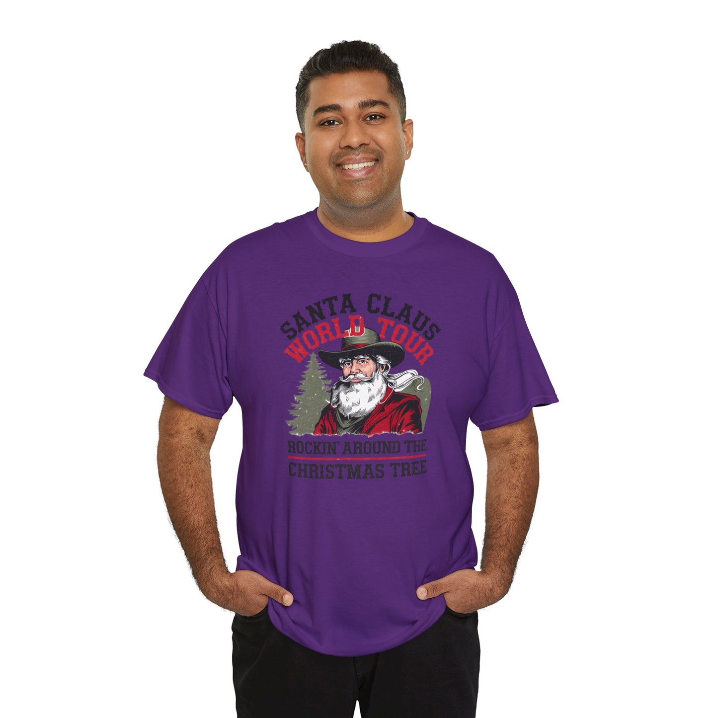 Cowboy Santa World Tour Unisex Heavy Cotton T-shirt - Christmas Funny Country Graphic Holiday Tee - sizes S - 5X