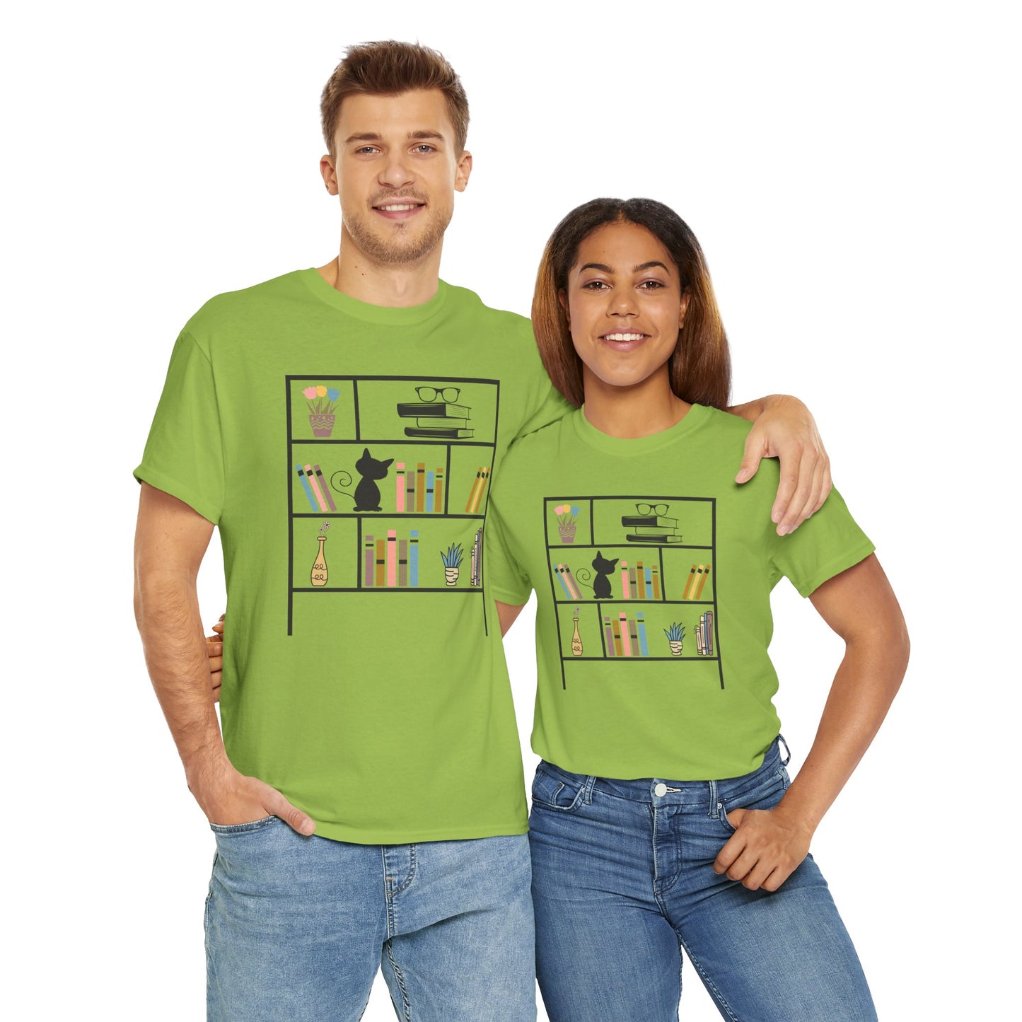 Unisex Heavy Cotton Tee - Bookshelf for books and cat