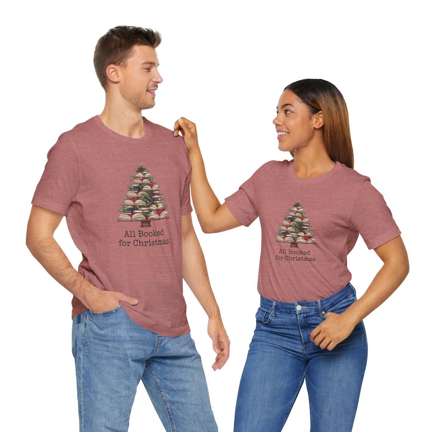 All Booked for Christmas, Book Christmas tree, Unisex Jersey Short Sleeve T-shirt - sizes S = 3X