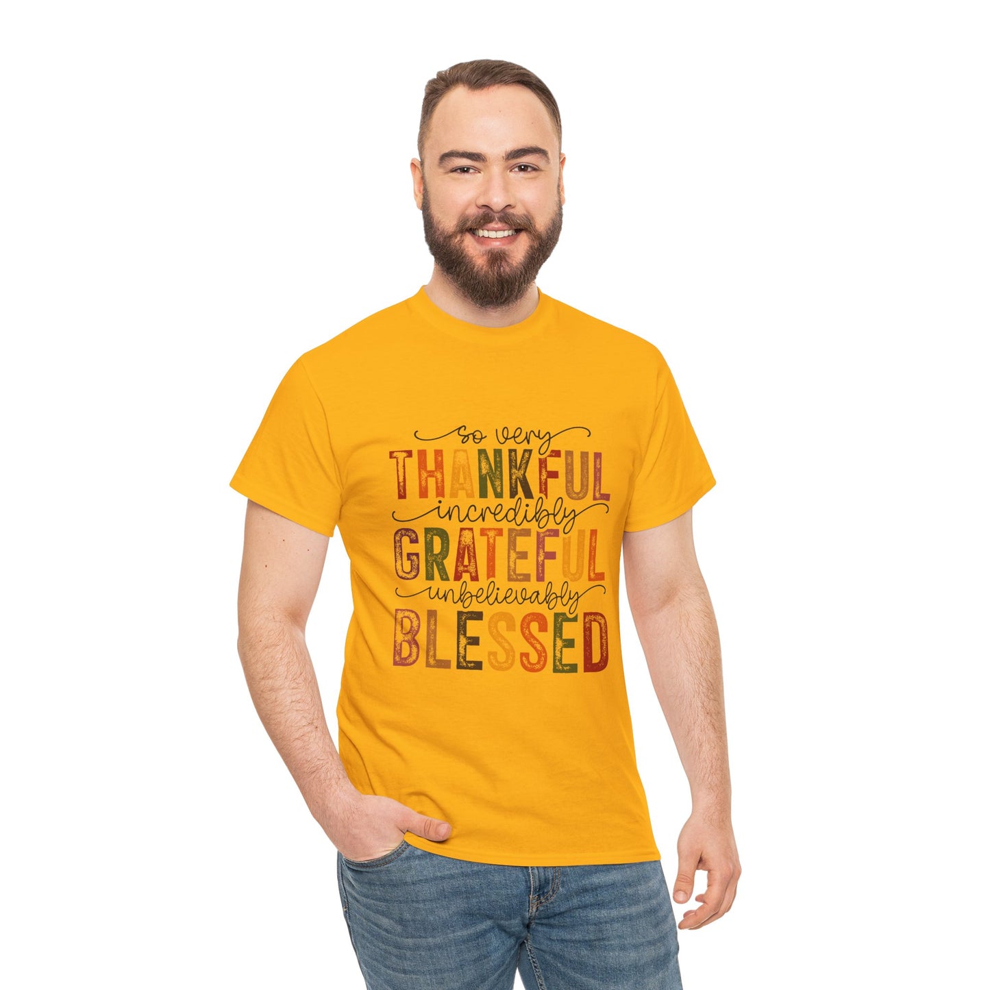 Thankful Grateful Blessed Unisex Heavy Cotton Tee - Thanksgiving Distressed Graphic T-Shirt