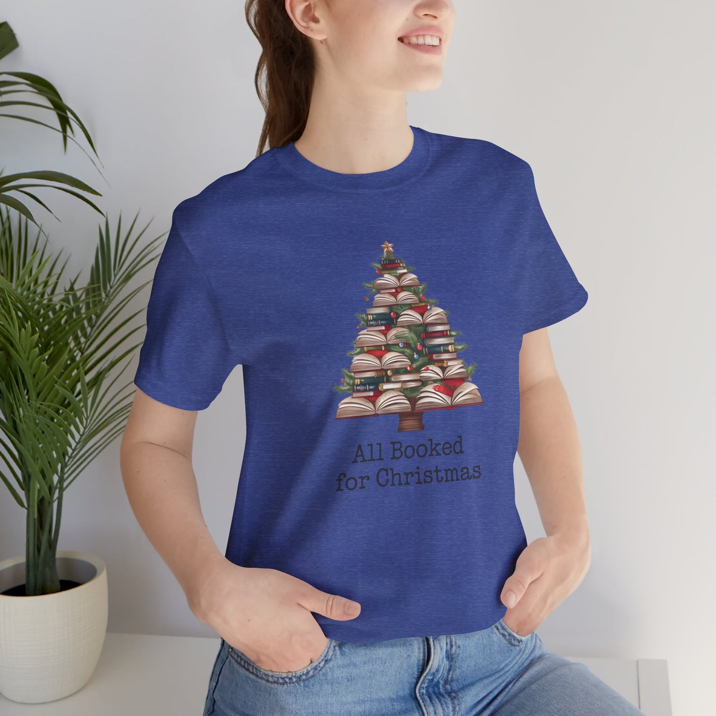 All Booked for Christmas, Book Christmas tree, Unisex Jersey Short Sleeve T-shirt - sizes S = 3X