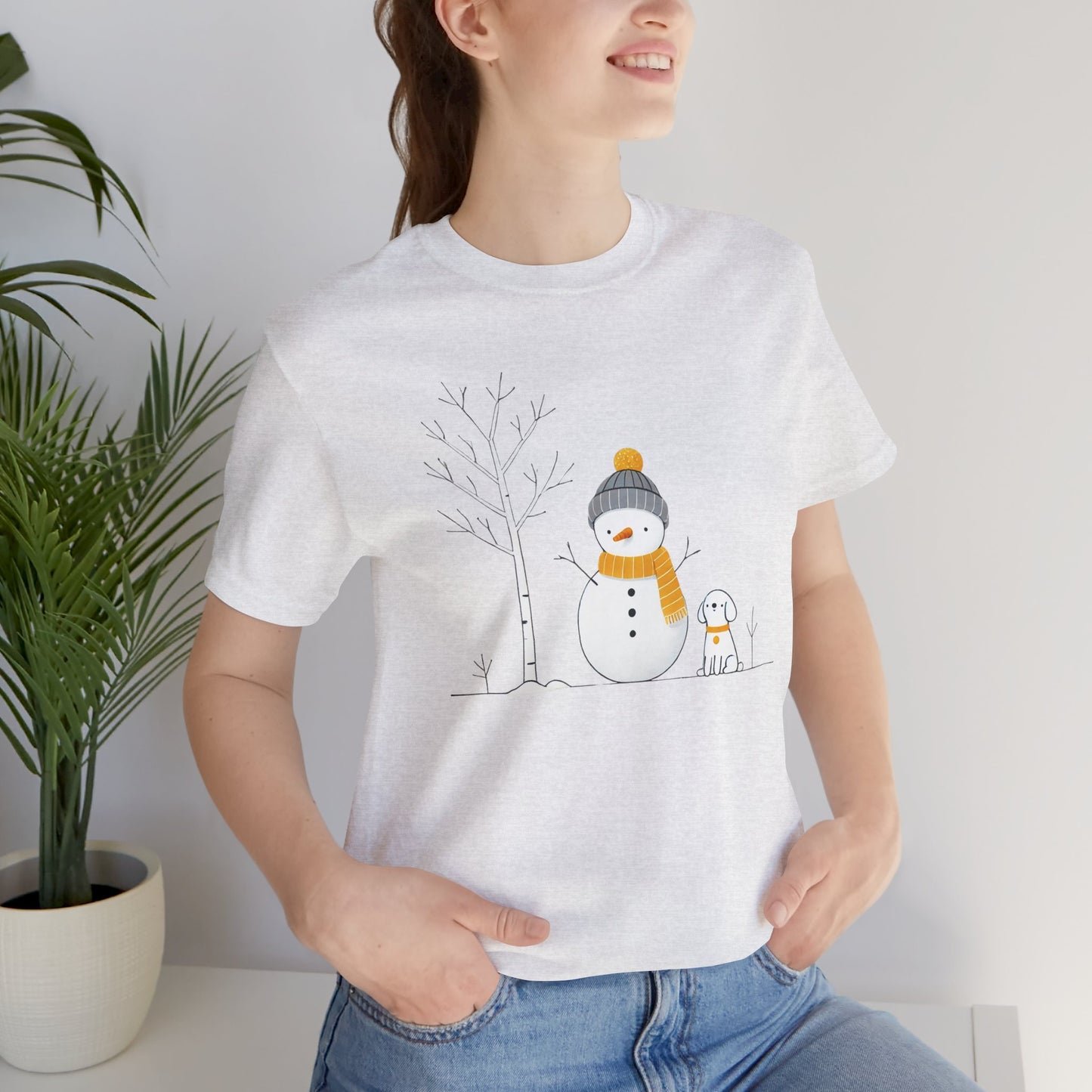 Snowman and dog winter scene Unisex Jersey Short Sleeve Tee - sizes S - 3X