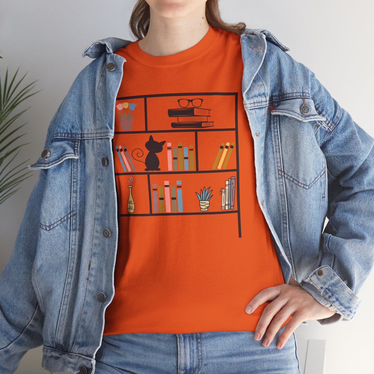 Unisex Heavy Cotton Tee - Bookshelf for books and cat