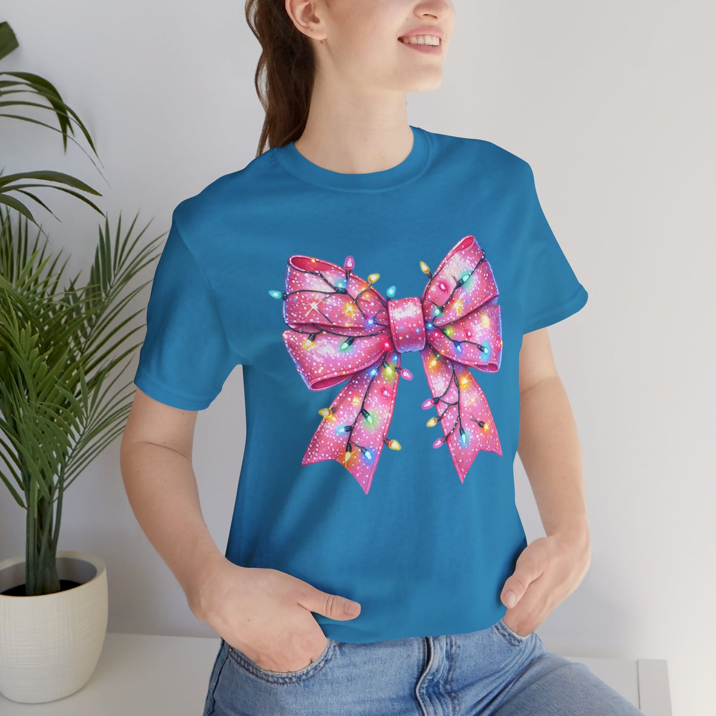 Pink Bow Christmas Tee - Festive Holiday Unisex Jersey T-shirt - sizes S - 3X