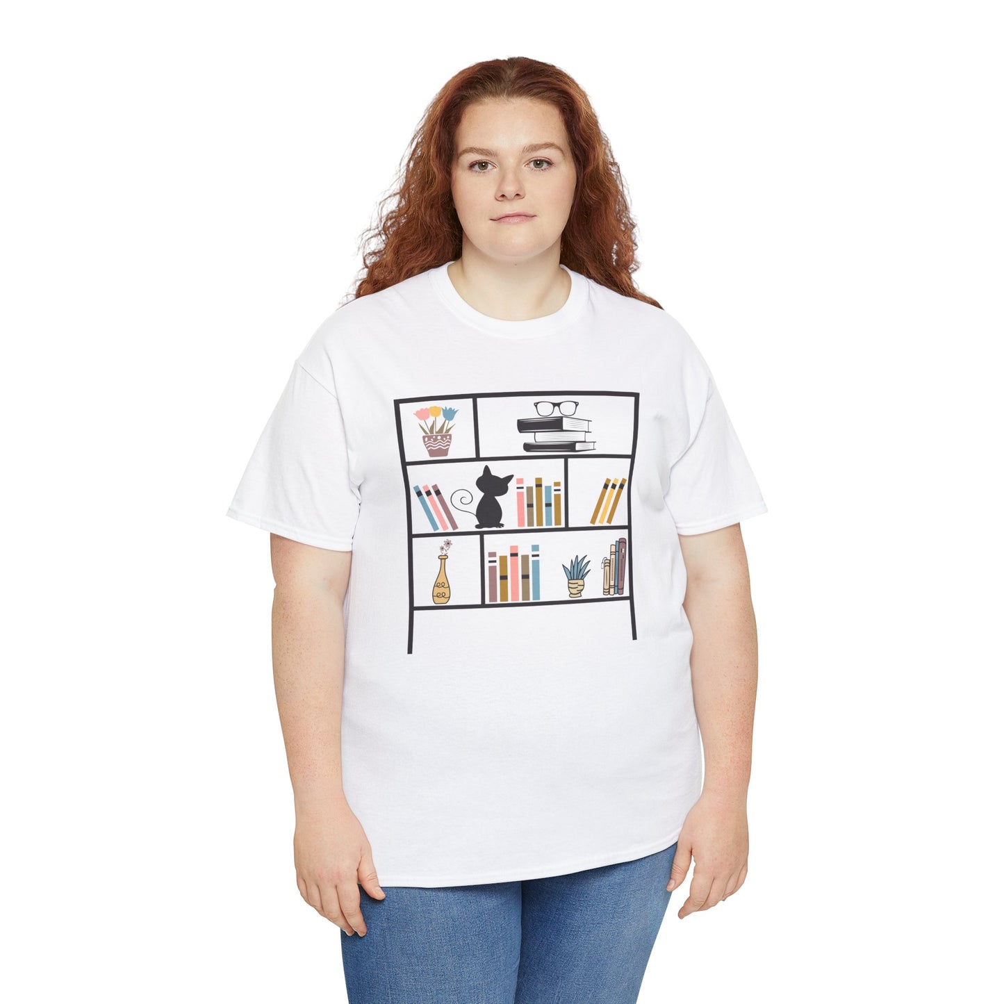 Unisex Heavy Cotton Tee - Bookshelf for books and cat