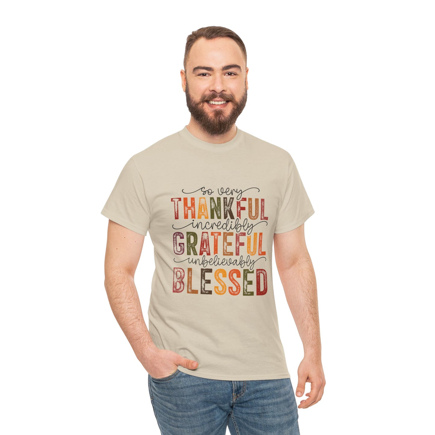 Thankful Grateful Blessed Unisex Heavy Cotton Tee - Thanksgiving Distressed Graphic T-Shirt