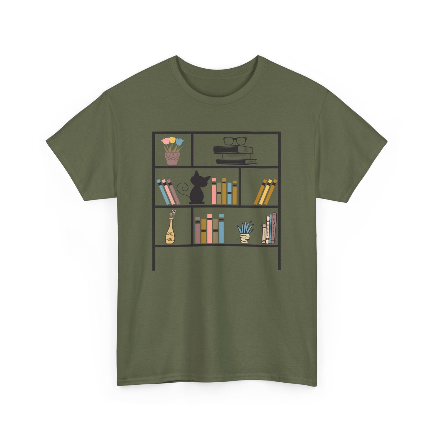 Unisex Heavy Cotton Tee - Bookshelf for books and cat