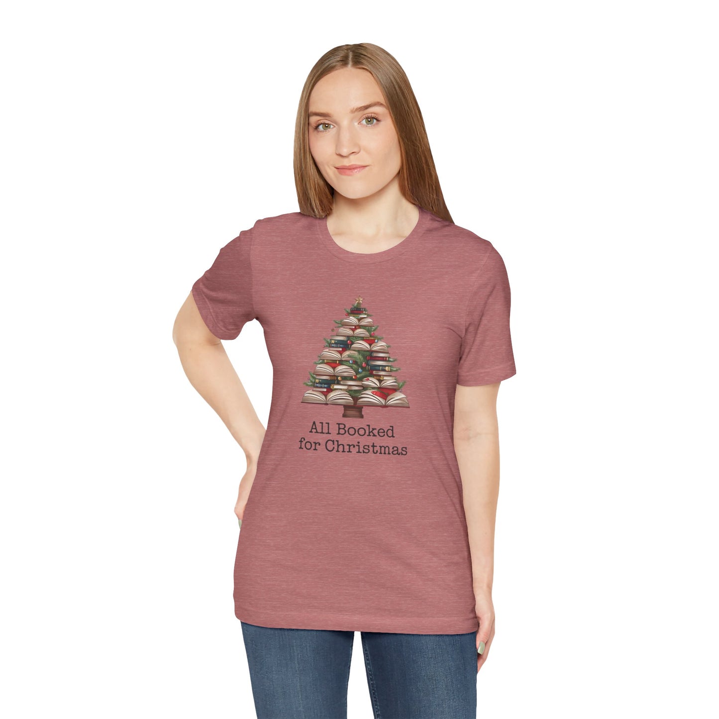 All Booked for Christmas, Book Christmas tree, Unisex Jersey Short Sleeve T-shirt - sizes S = 3X