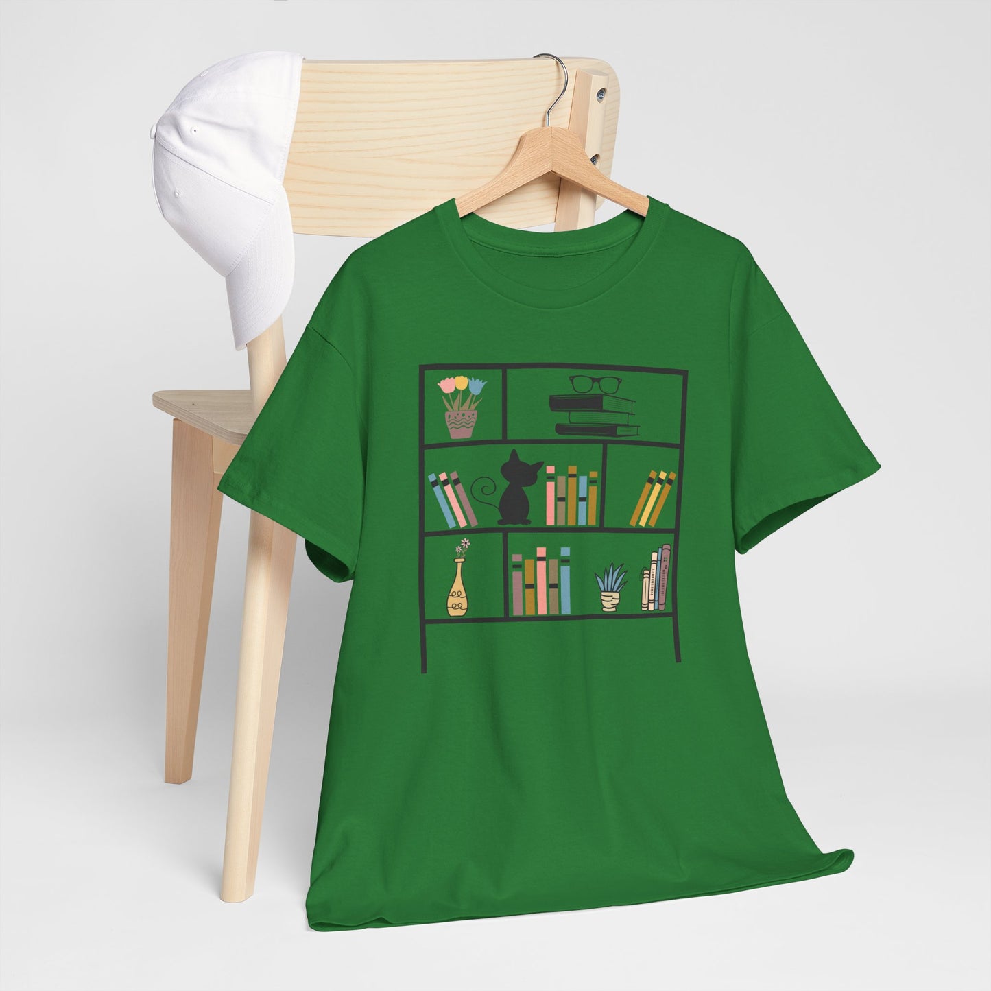 Unisex Heavy Cotton Tee - Bookshelf for books and cat