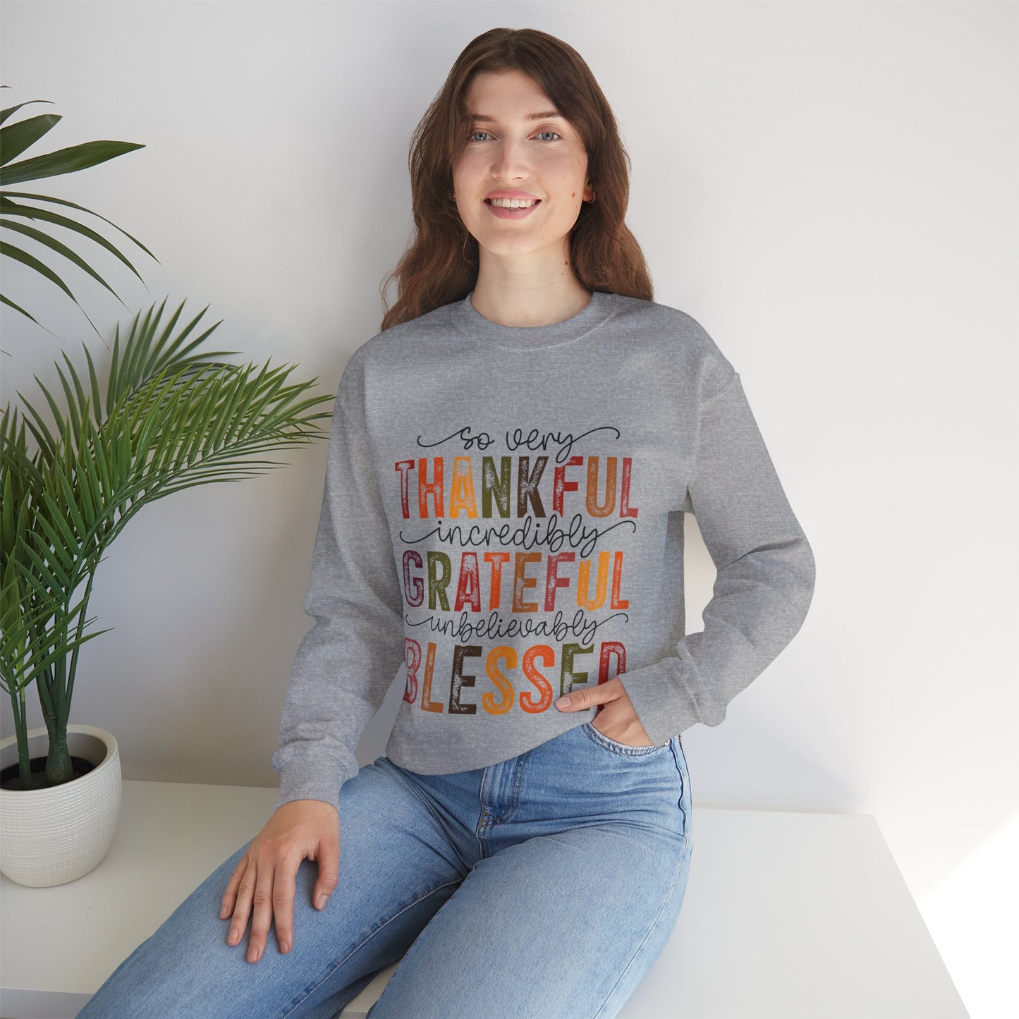 Thankful Grateful Blessed Unisex Heavy Blend Crewneck Sweatshirt - Thanksgiving Warm Cozy