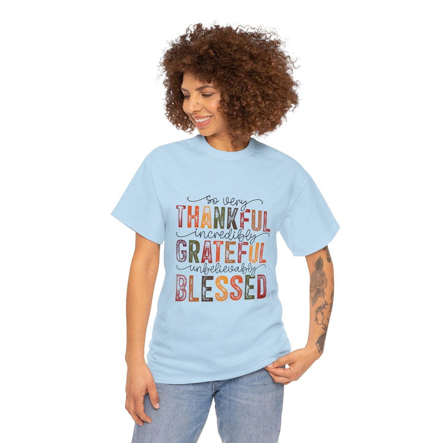 Thankful Grateful Blessed Unisex Heavy Cotton Tee - Thanksgiving Distressed Graphic T-Shirt