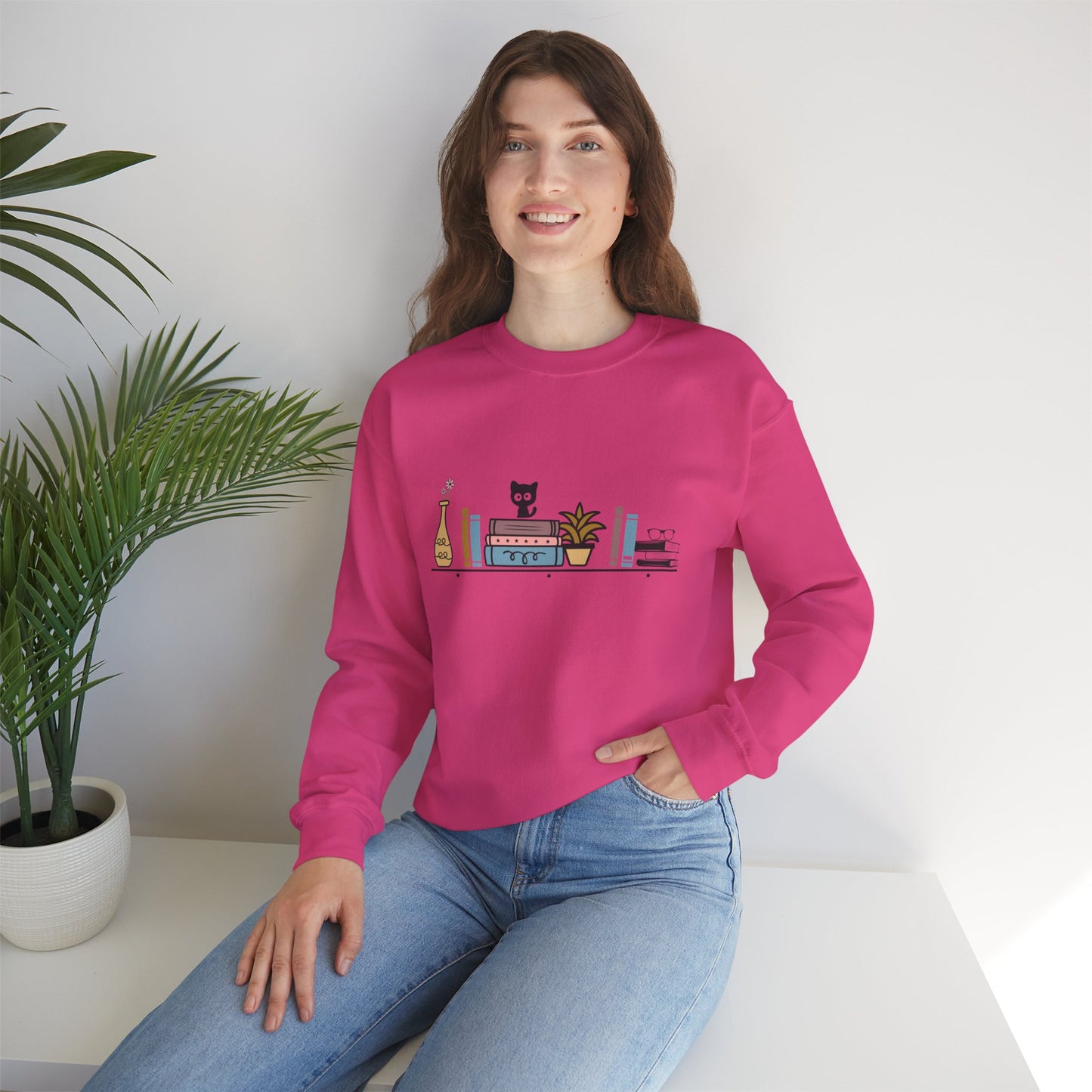 Unisex Heavy Blend™ Crewneck Sweatshirt - cute cat with books on bookshelf - sizes S - 3X