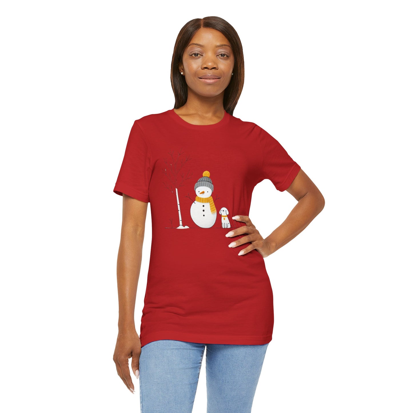 Snowman and dog winter scene Unisex Jersey Short Sleeve Tee - sizes S - 3X