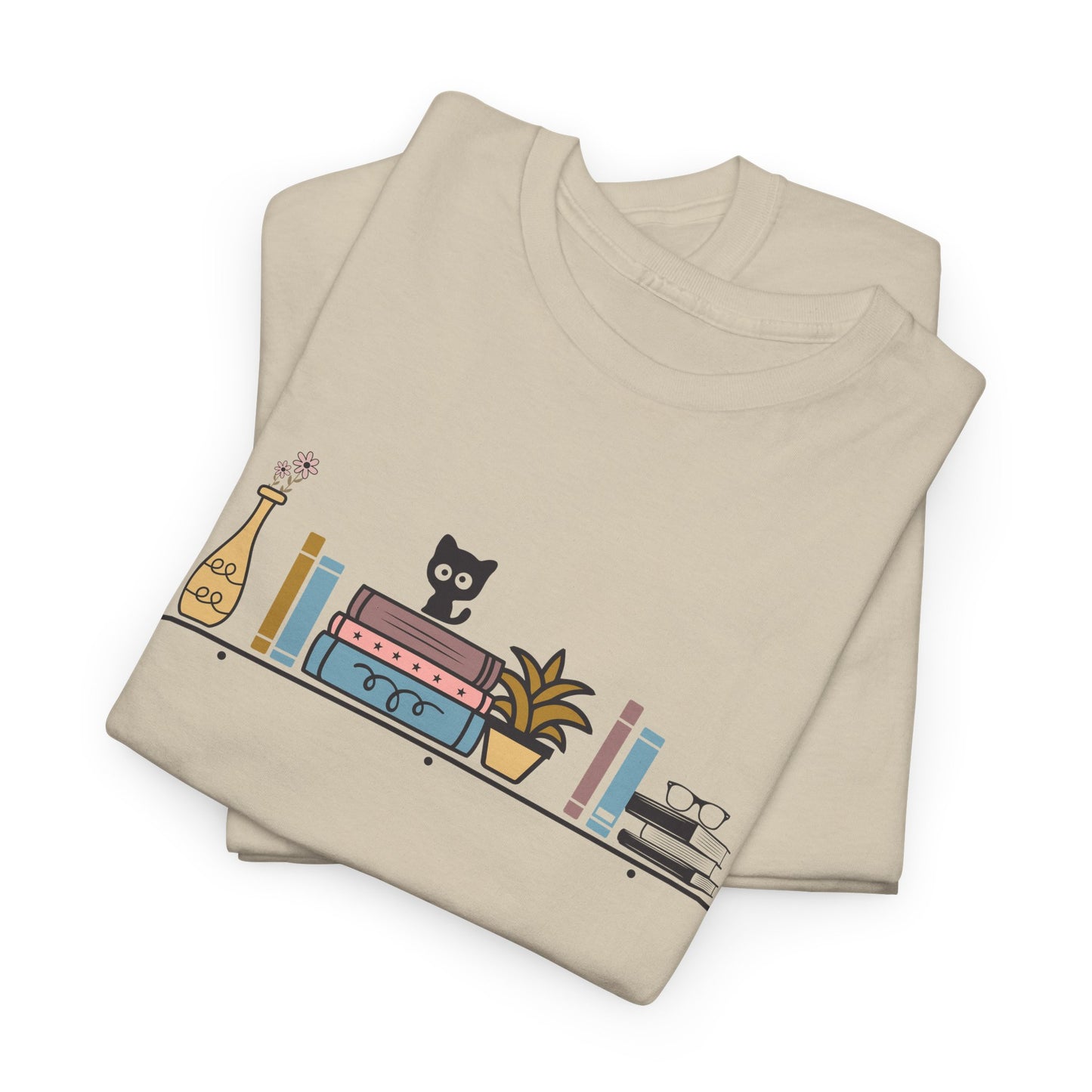 Unisex Heavy Cotton Tee - Cute cat and books on a shelf - sizes S - 5X