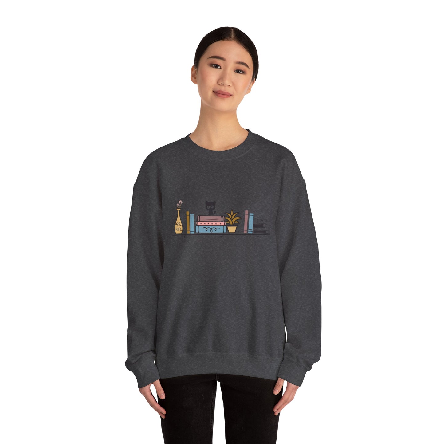 Unisex Heavy Blend™ Crewneck Sweatshirt - cute cat with books on bookshelf - sizes S - 3X