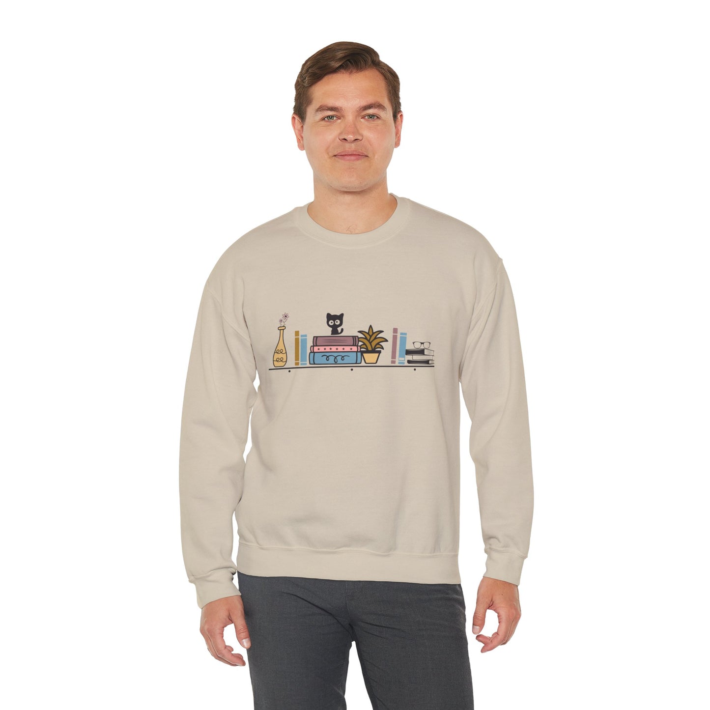 Unisex Heavy Blend™ Crewneck Sweatshirt - cute cat with books on bookshelf - sizes S - 3X