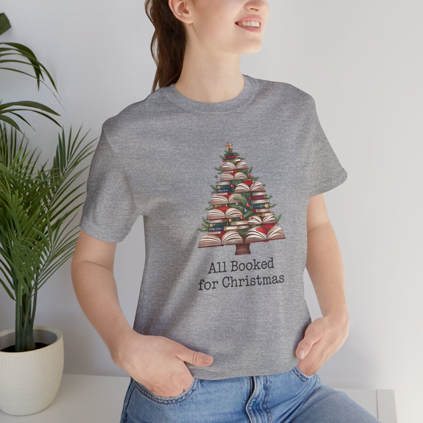 All Booked for Christmas, Book Christmas tree, Unisex Jersey Short Sleeve T-shirt - sizes S = 3X