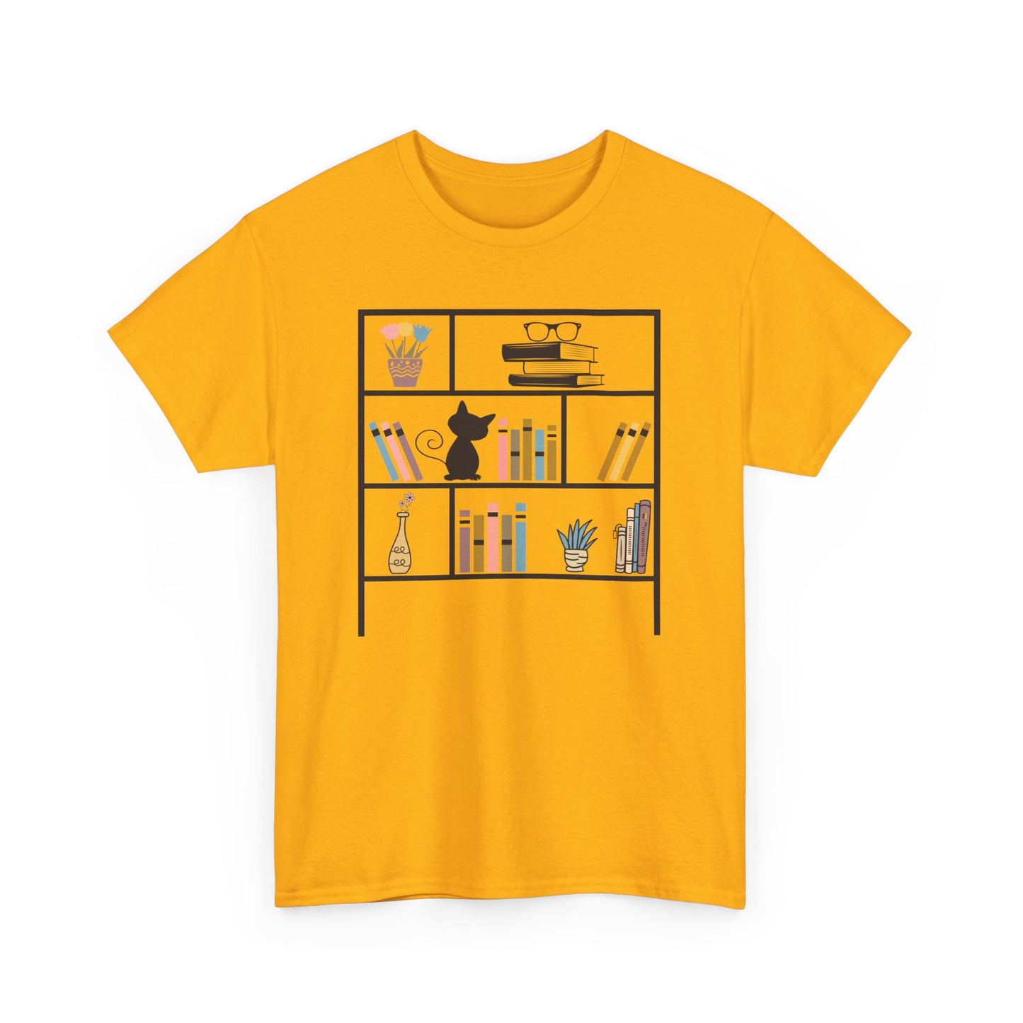 Unisex Heavy Cotton Tee - Bookshelf for books and cat