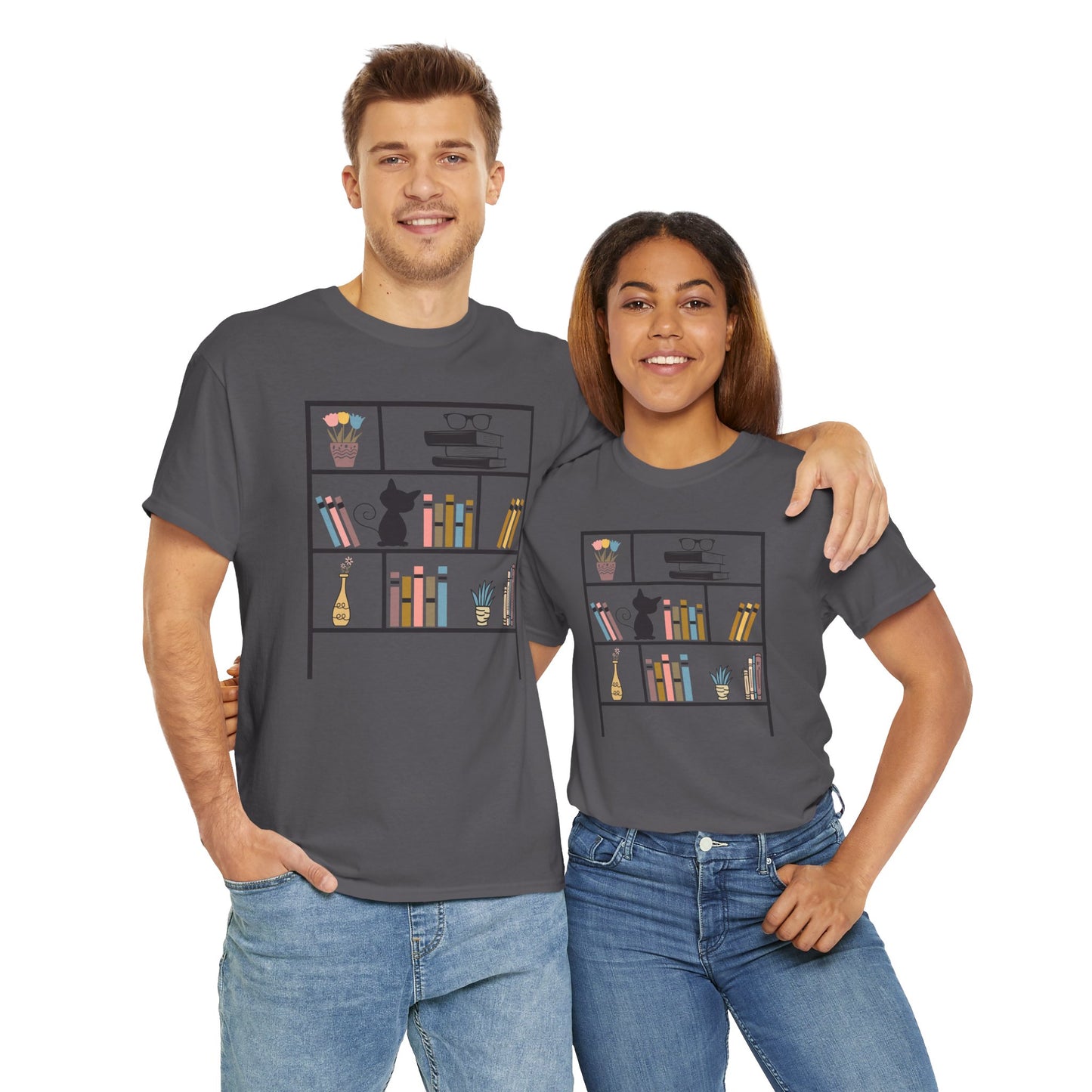 Unisex Heavy Cotton Tee - Bookshelf for books and cat