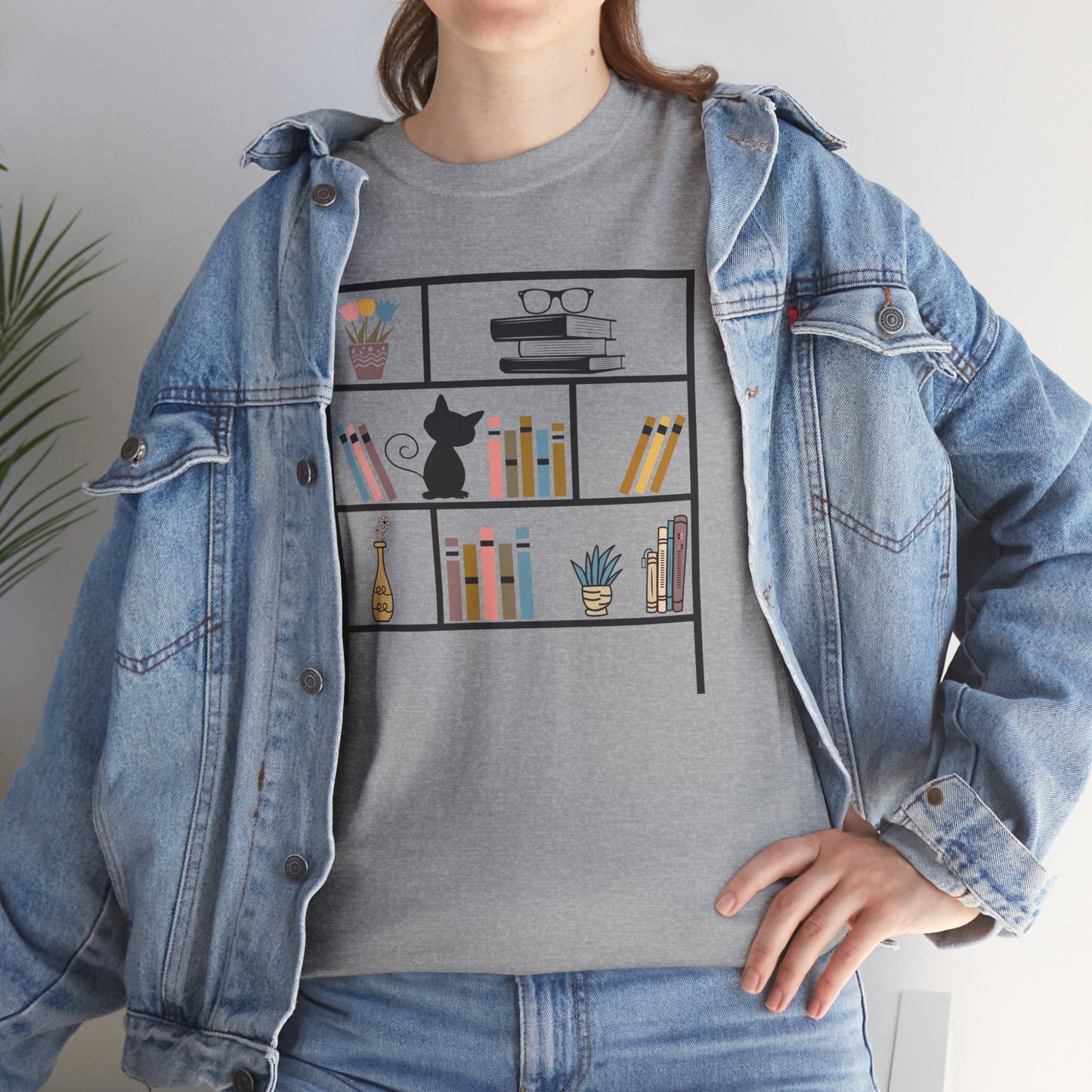 Unisex Heavy Cotton Tee - Bookshelf for books and cat