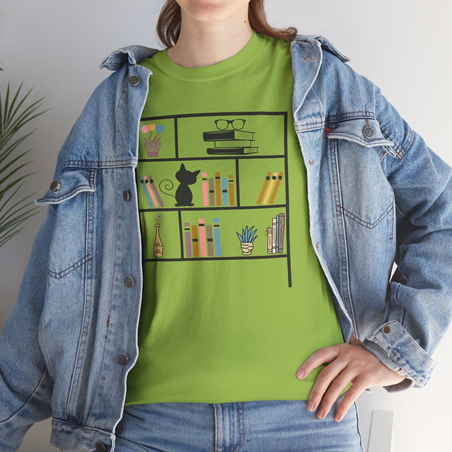 Unisex Heavy Cotton Tee - Bookshelf for books and cat