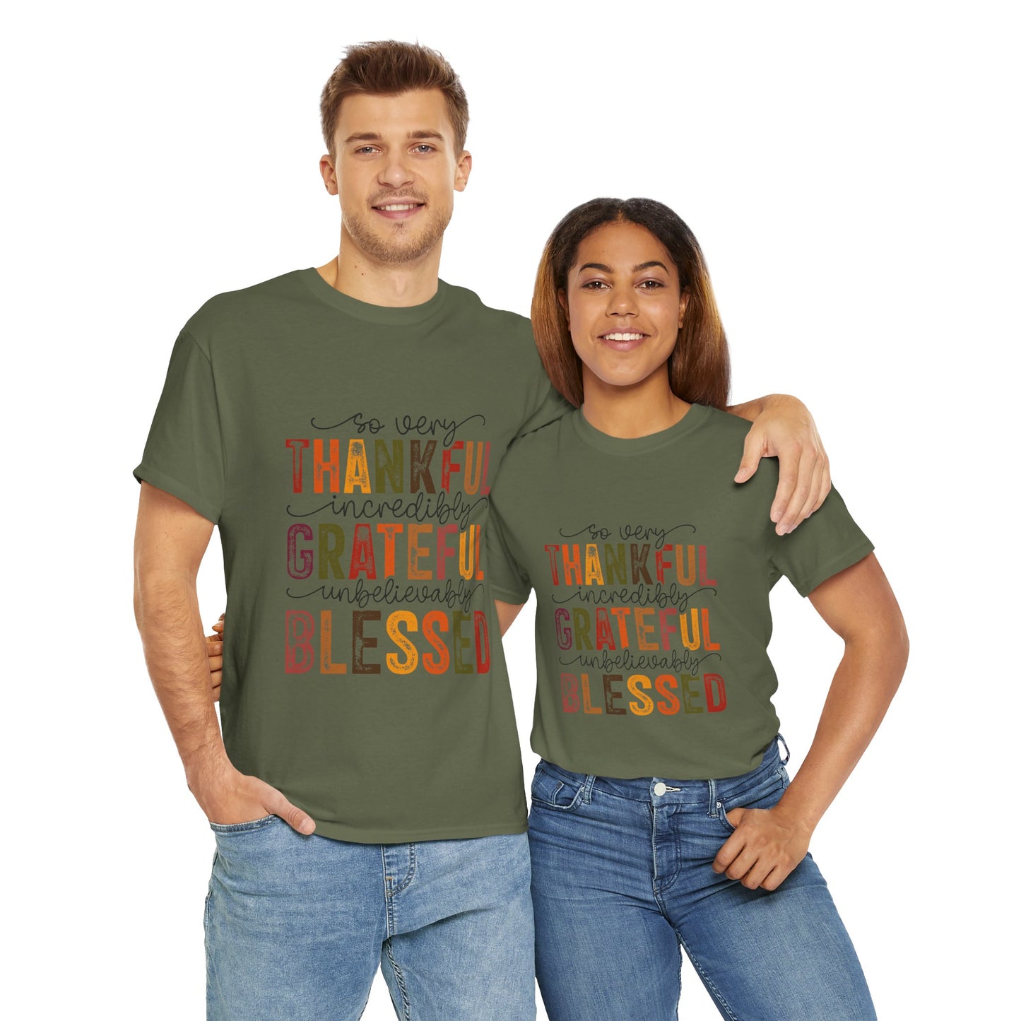 Thankful Grateful Blessed Unisex Heavy Cotton Tee - Thanksgiving Distressed Graphic T-Shirt