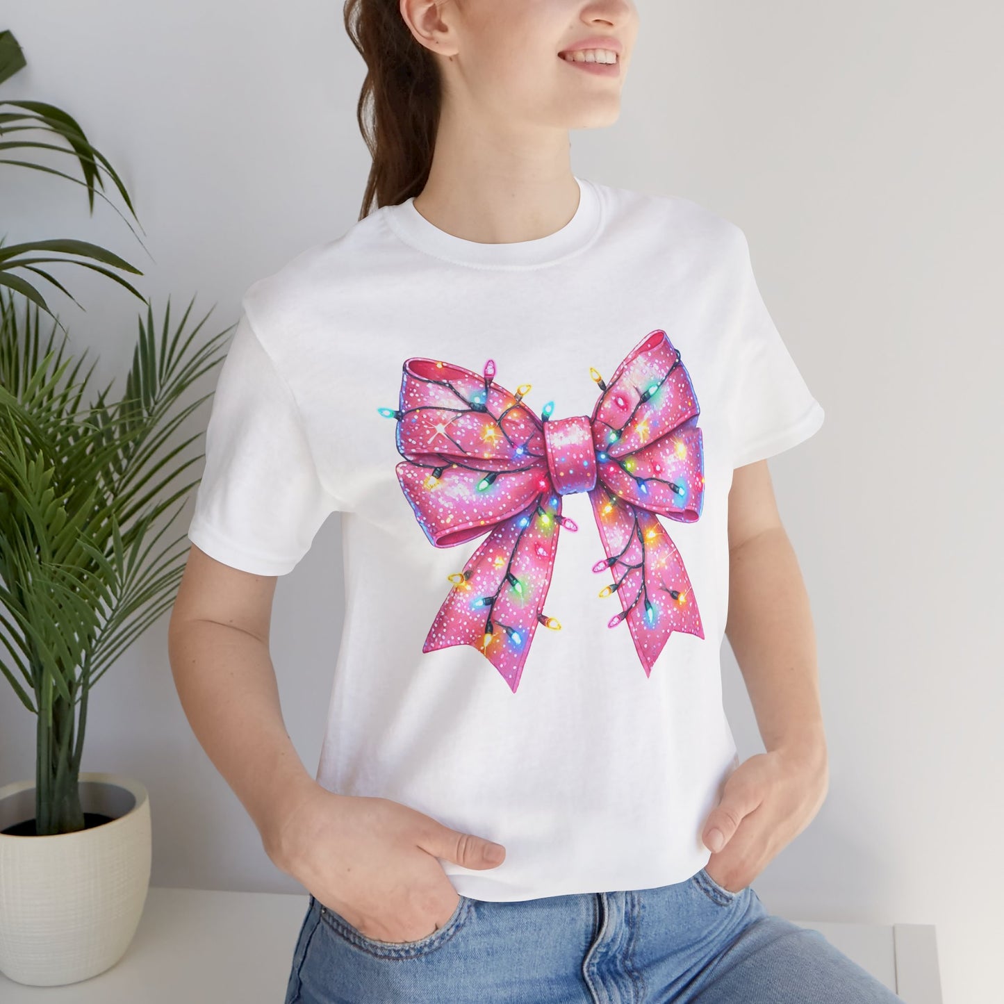 Pink Bow Christmas Tee - Festive Holiday Unisex Jersey T-shirt - sizes S - 3X