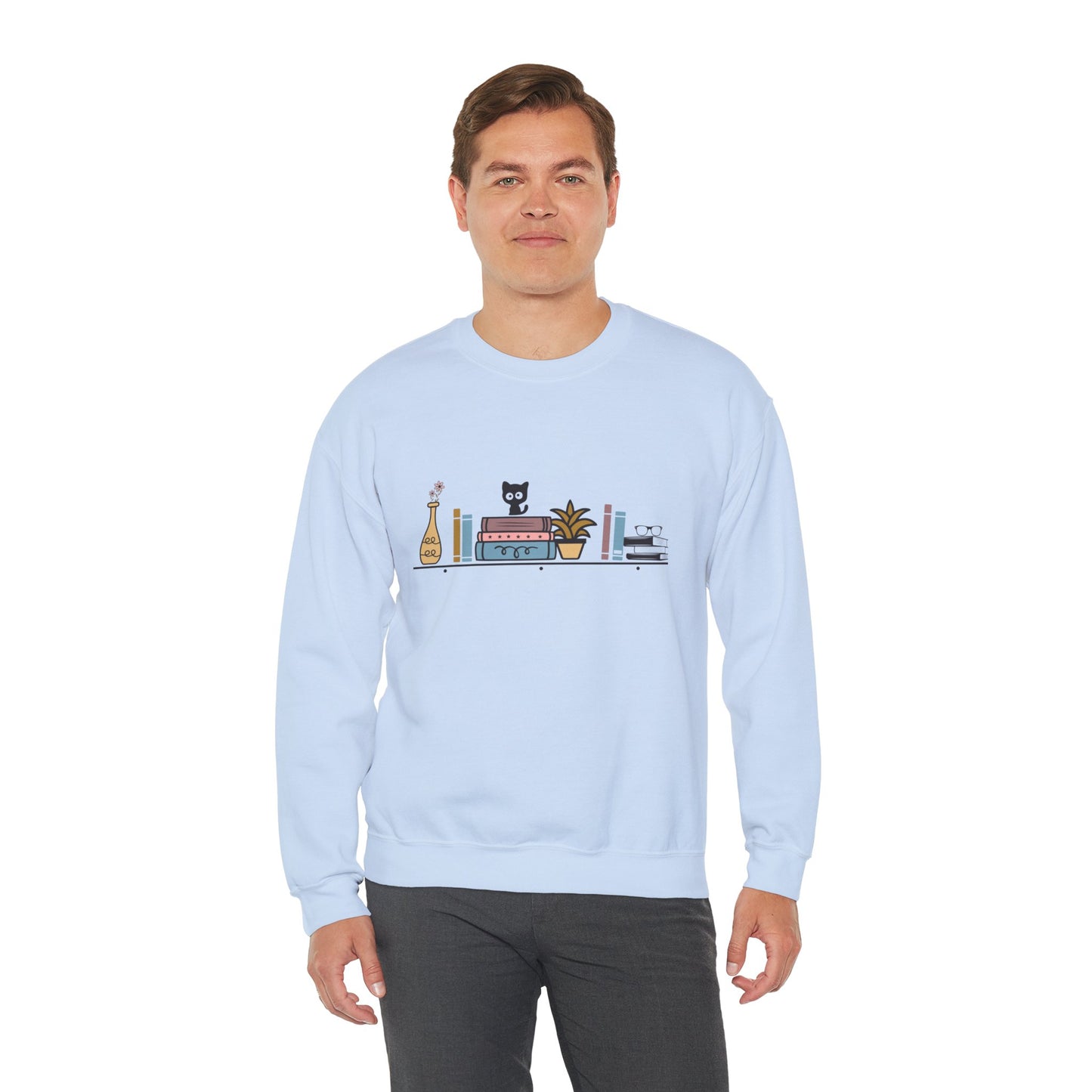 Unisex Heavy Blend™ Crewneck Sweatshirt - cute cat with books on bookshelf - sizes S - 3X