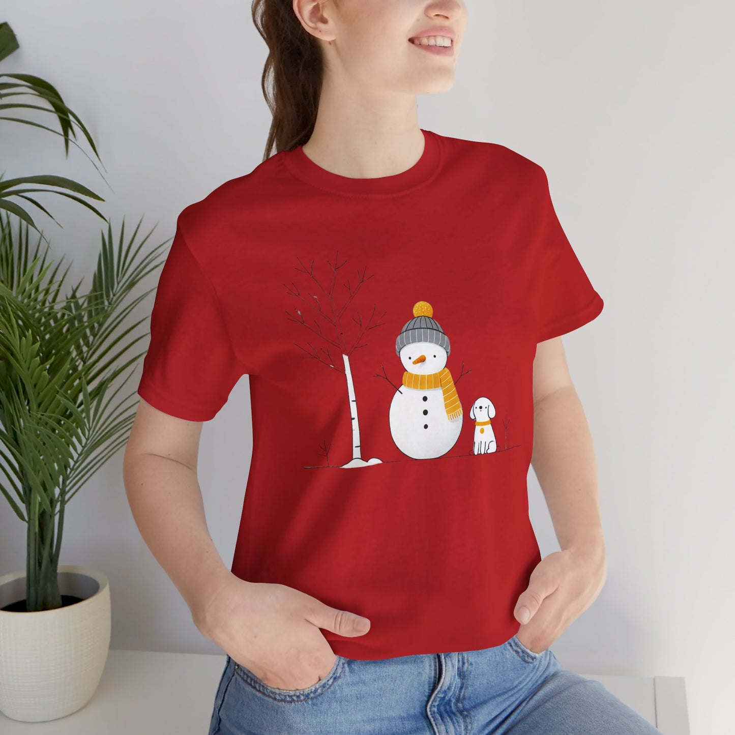 Snowman and dog winter scene Unisex Jersey Short Sleeve Tee - sizes S - 3X